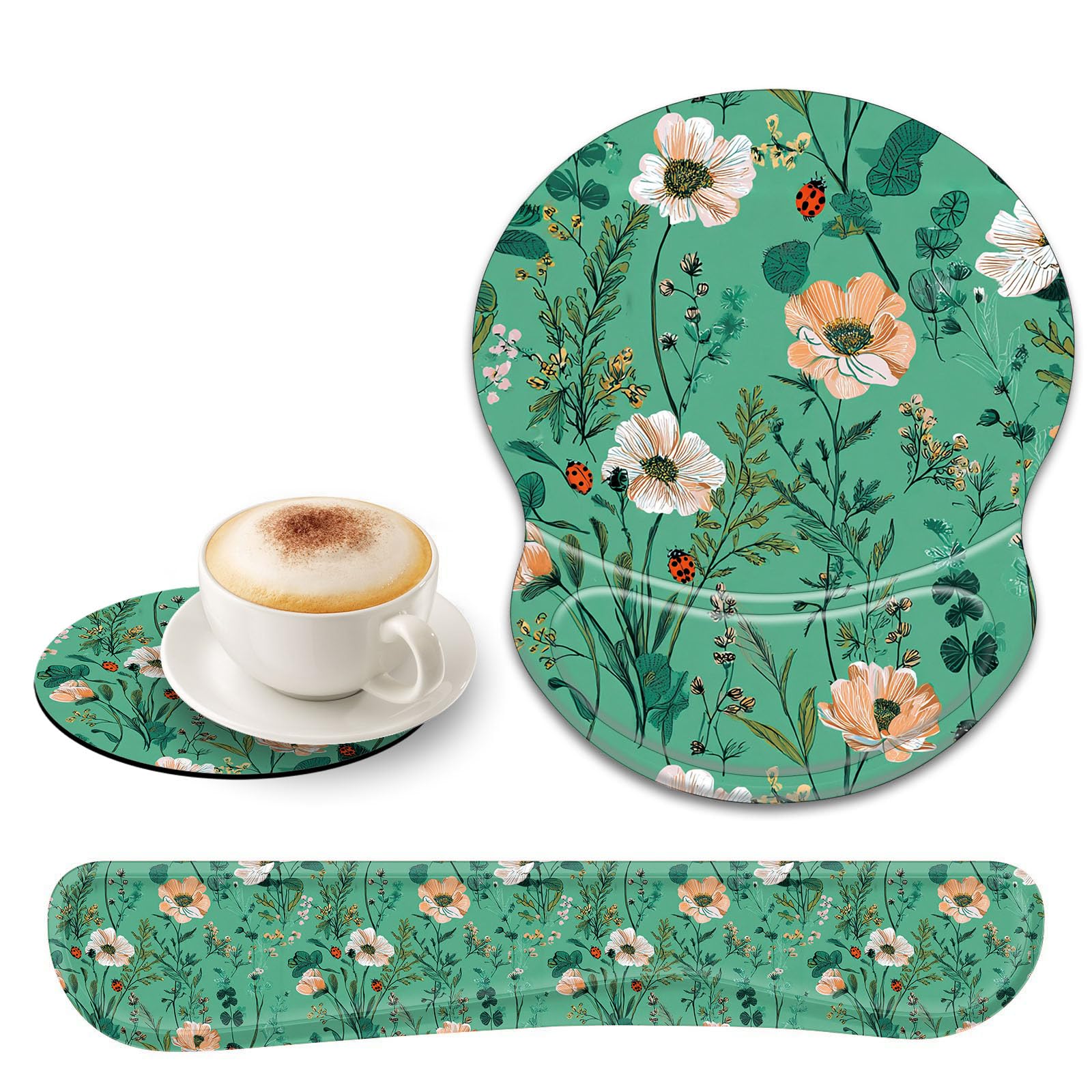 CUISHAN Ergonomic Gel Mouse Wrist Rest Pad and Keyboard Pad Set,Anti-Slip PU Bottom Easy Typing and Relieve Wrist Pain with Cute Coaster Set (3-