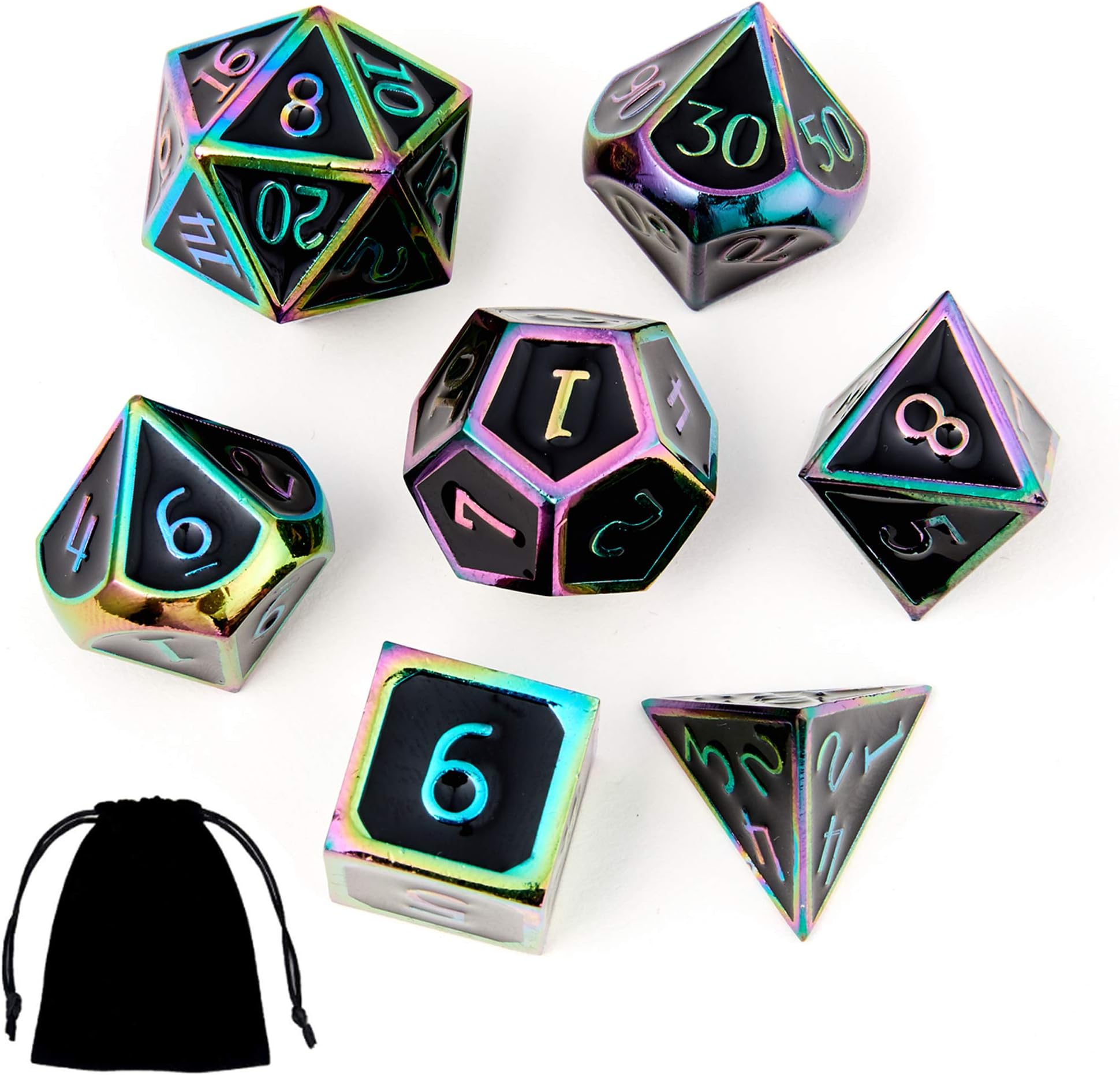 Dungeons and Dragons Metal Dice Set DND 7Pieces Solid Dice with Gift Dice Bag for D&D Pathfinder Roll Playing Games Dice Board Game Player-Rainbow Number with Black