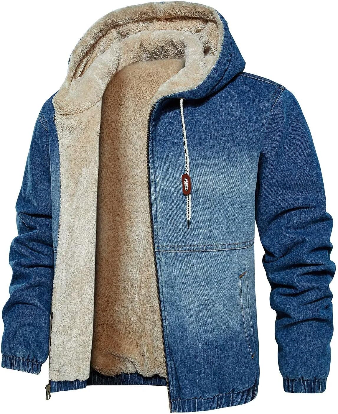FTIMILD Men's Fleece Lined Denim Jacket with Hood Full Zip Up Thermal Winter Sherpa Denim Hoodie