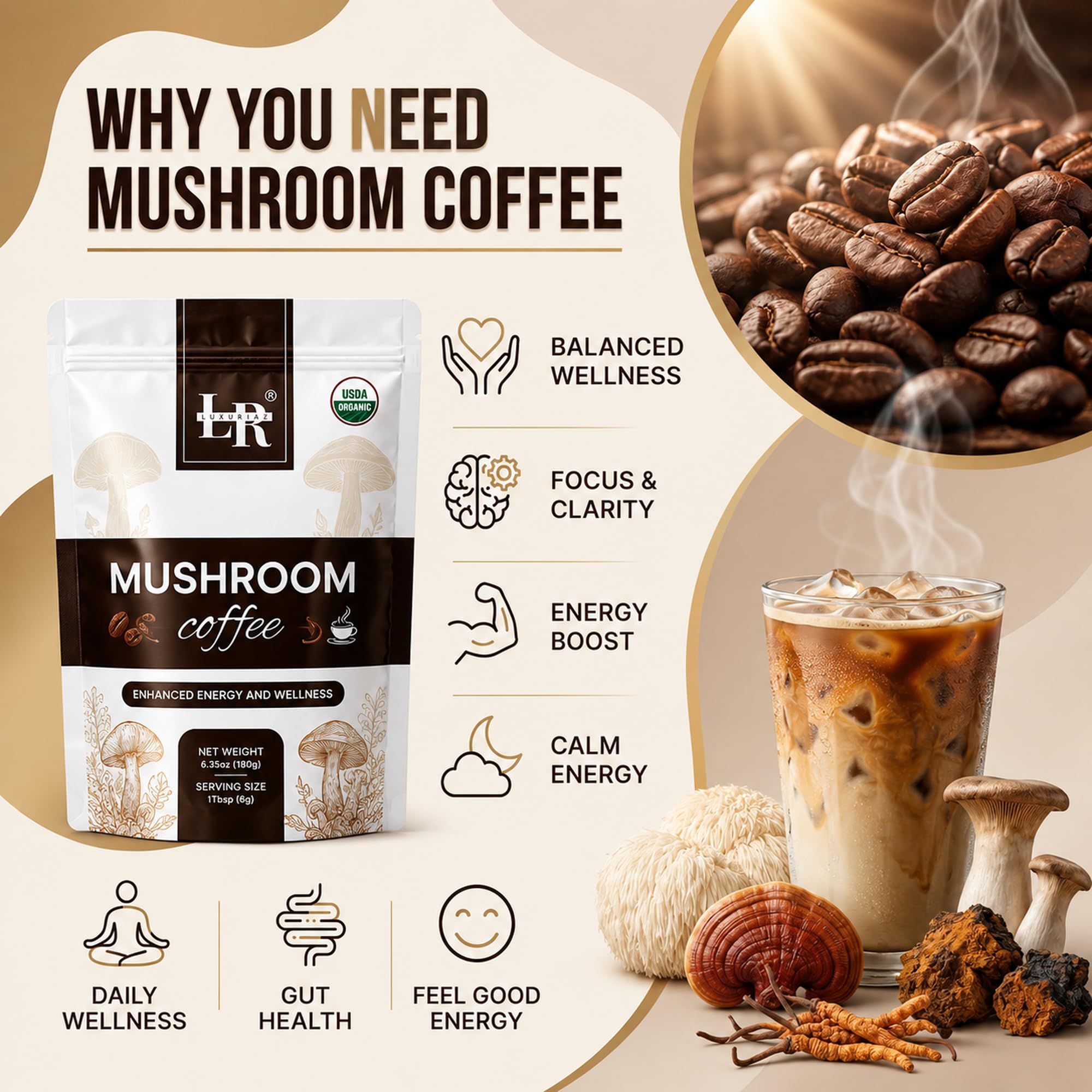 Luxuriaz Pilzkaffee, Bio 6 adaptogene Pilze (Löwenmähne, Reishi, Cordyceps, Chaga, Truthahnschwanz, Shiitake) für Immunität, Fokus und Energieunterstützung, perfekte Kaffee-Alternative, 30 Portionen