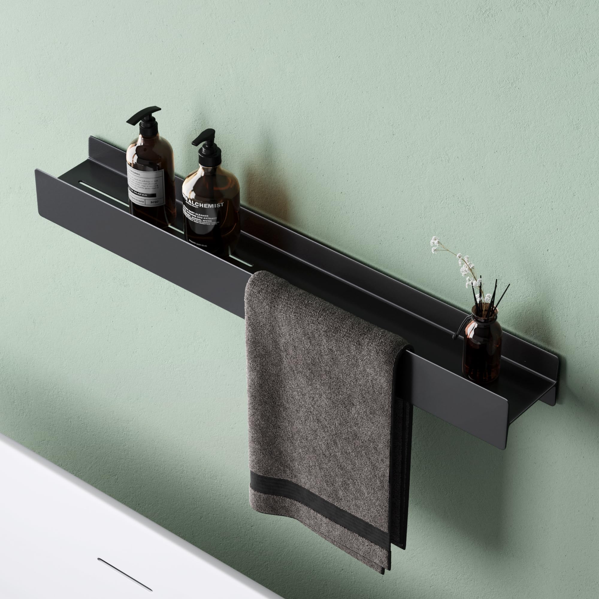 Mai & Mai Duschablage ohne Bohren 80cm Duschregal Matt schwarz | Badregal zum Bohren oder Kleben, Badezimmerablage zur Wandmontage Badezimmer Organizer für Bad, Küche, Reglo-03