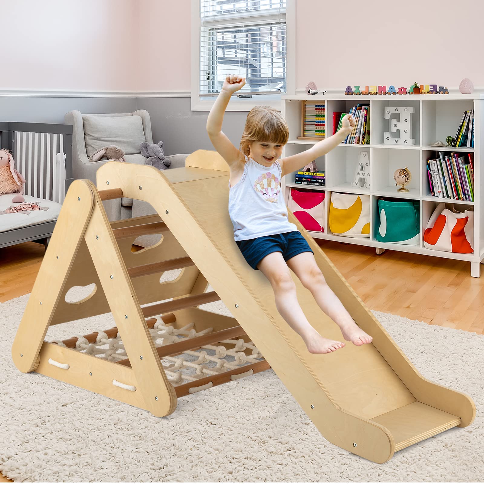 GYMAX 3 in 1 Scala di Arrampicata per Bambini, con Rete di Arrampicata, Tavola e Scala di Arrampicata e Scivolo, Struttura a Triangolo in Legno per Uso Interno (Naturale)