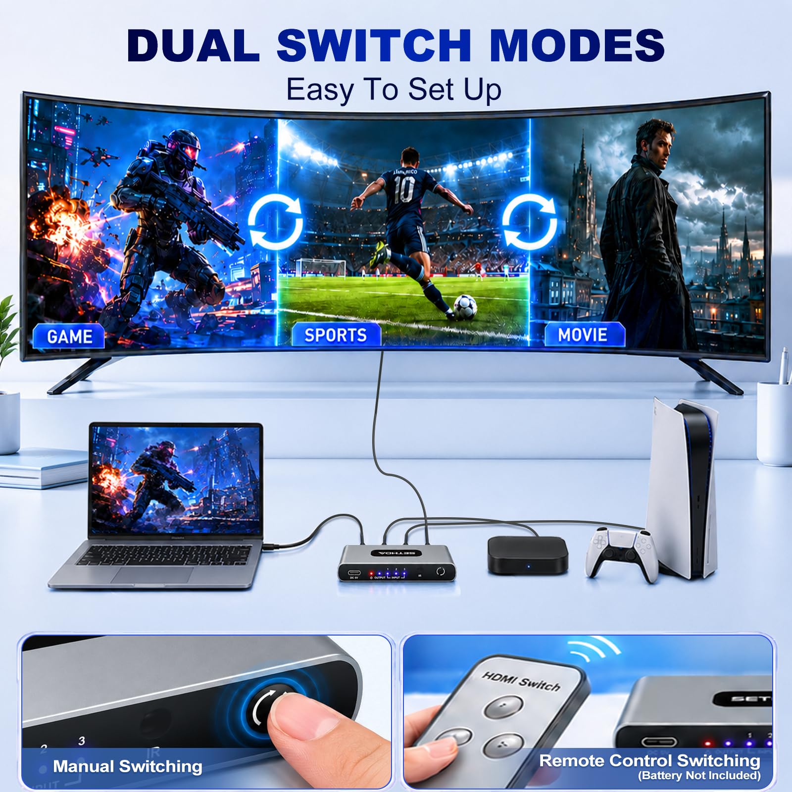 Interruttore HDMI2.0 3 in 1 Out, 4K @ 60HZ UHD HDMI Switch Box con telecomando e adattatore di alimentazione, commutatore HDMI multifunzione supporta HDCP 2.2 HDR 10+ CEC 3D, Dolby Audio
