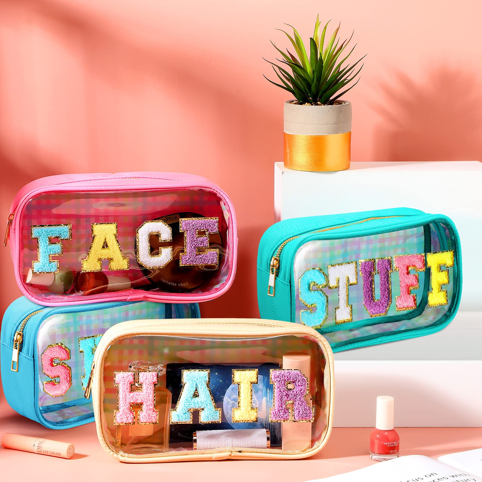 4 Pieces Chenille Letter Cosmetic Bag Set Nylon PVC Clear Waterproof Makeup Pouch Stuff Hair Travel Bag Zipper Multi Purpose Aesthetics Toiletry Organizer for Women Gym Travel Beach (Multicolor)