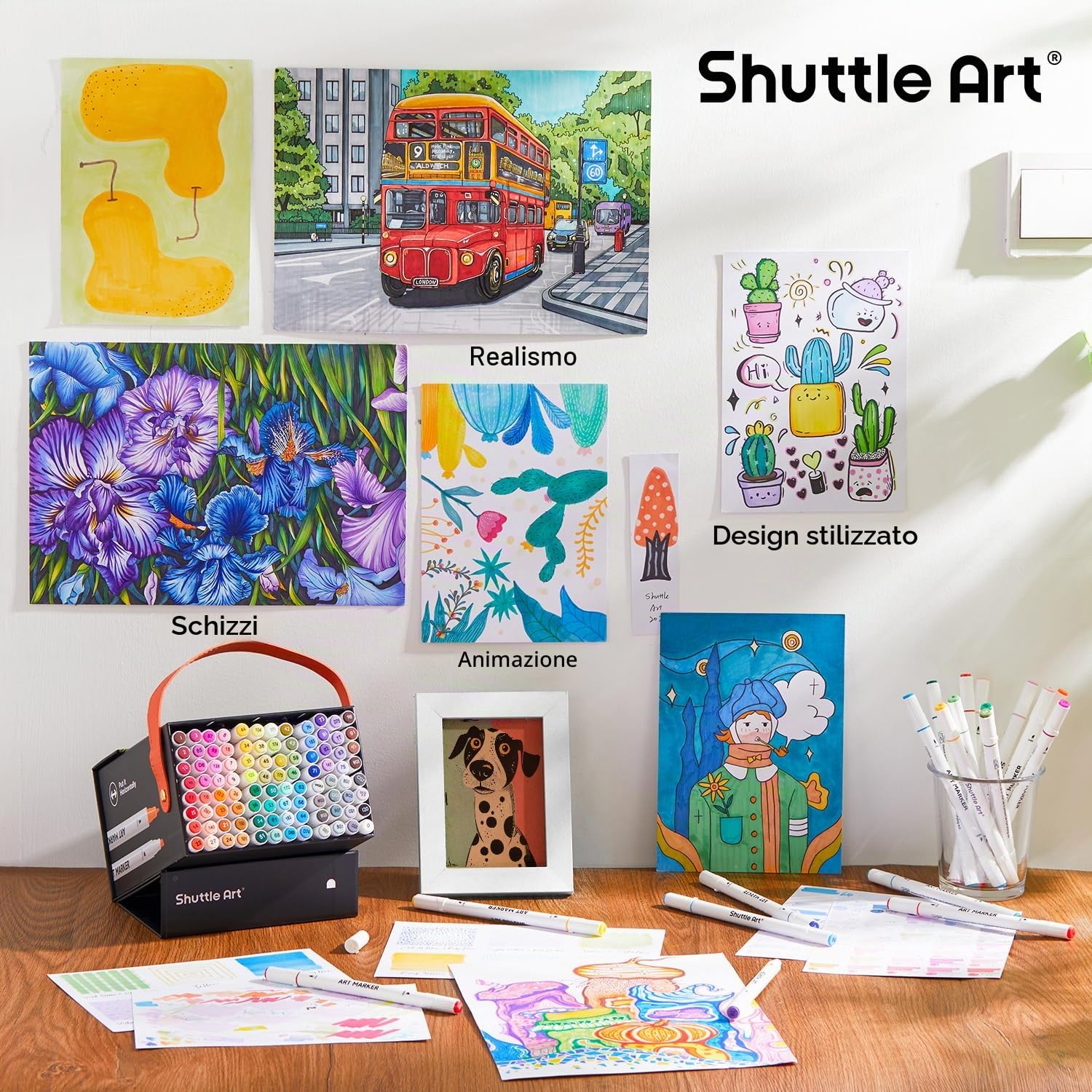 Shuttle Art 101 Marker Pennarelli Doppia, 100 Pennarelli ad Alcool più 1 Pennarello Permanente con Custodia, Perfetti per Illustrazioni, da Colorare per Adulti e per Realizzare Biglietti