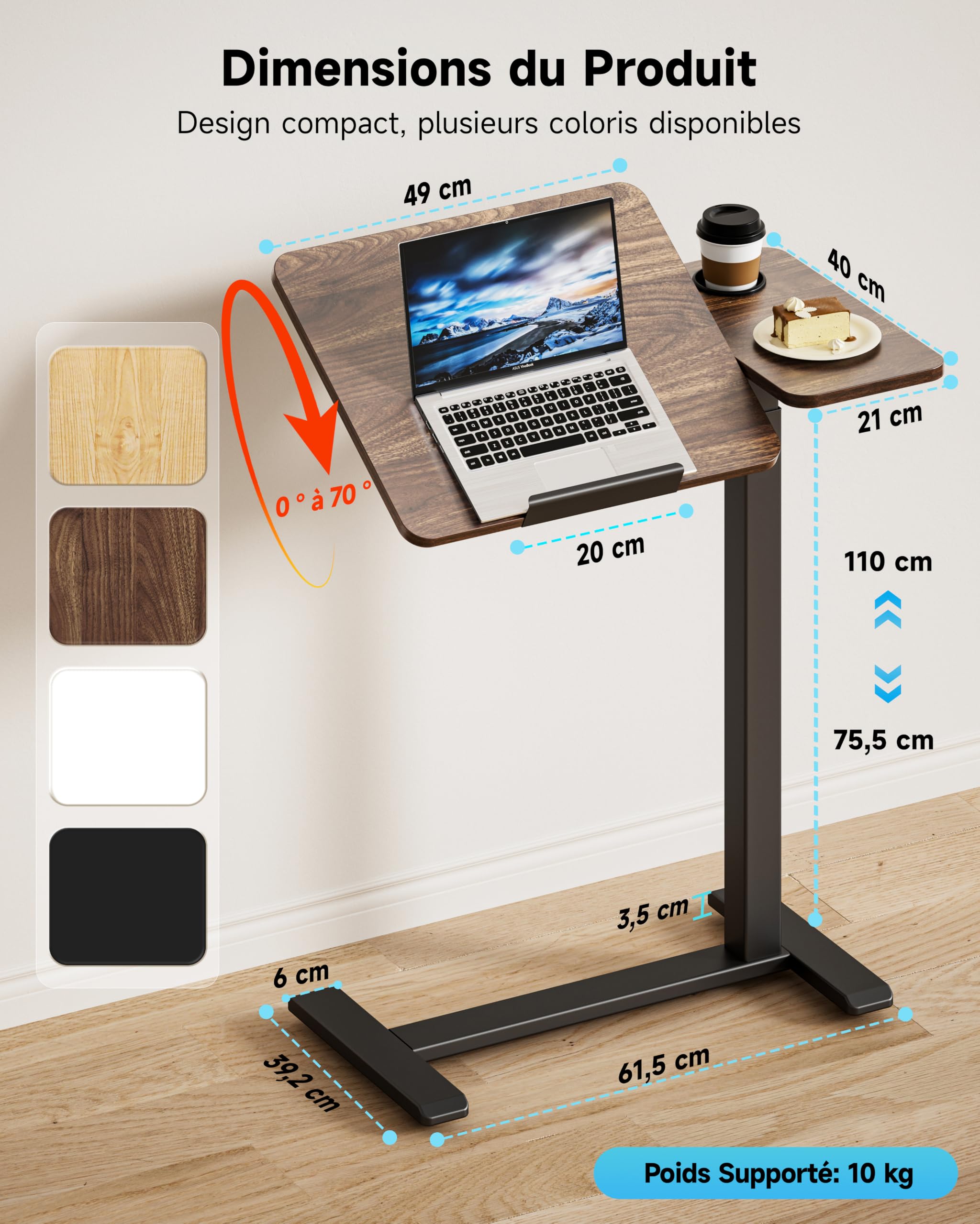 BIZUM Table de lit mobile pneumatique à hauteur réglable, plateau inclinable, roulettes escamotables, table médicale 70x40 cm, idéale pour soins, lecture et télétravail, Noyer