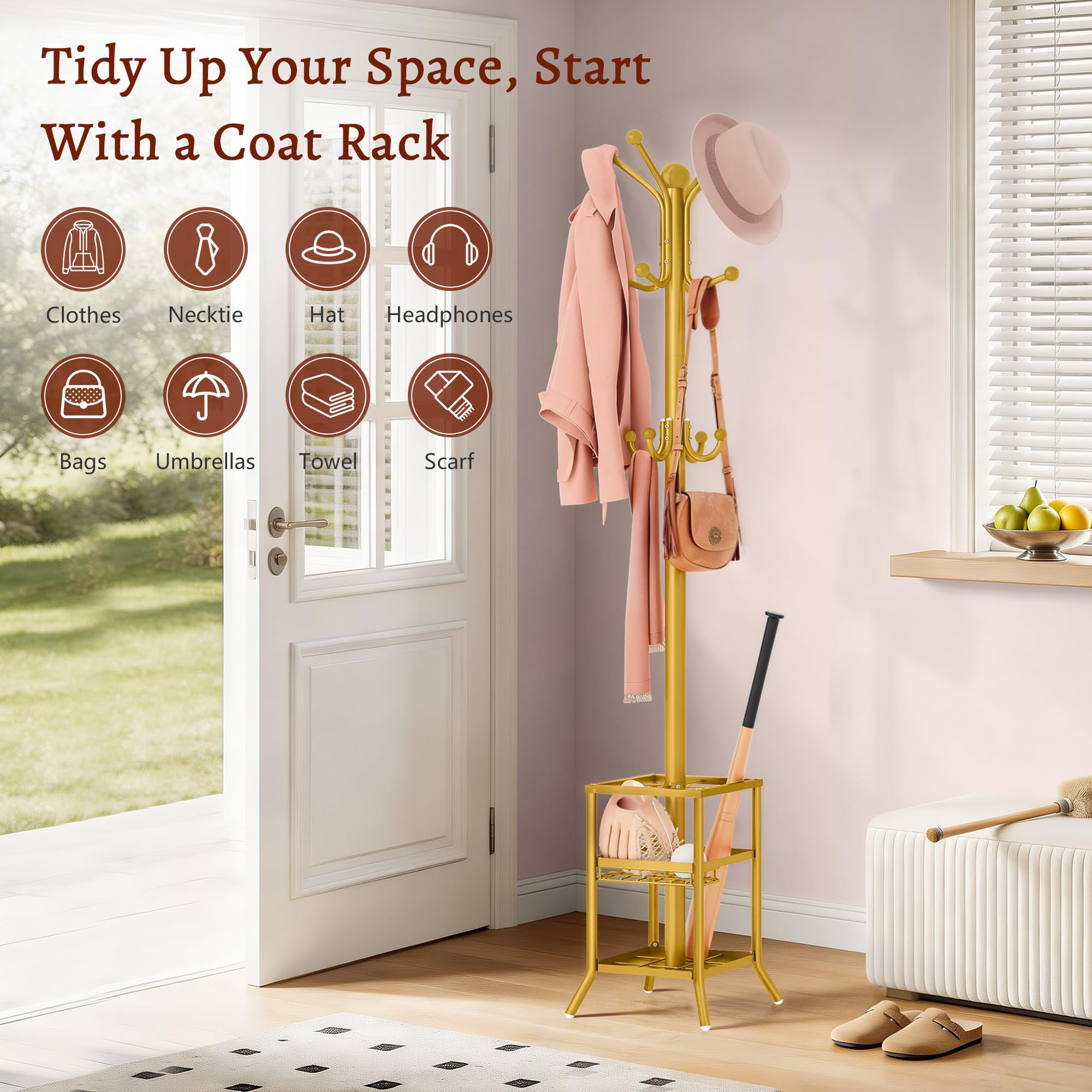 FAVOOSTY Garderobenständer mit Schirmständer, Kleiderständer mit 12 Hooks, Jackenständer Stehend, Coat Rack, Garderobe ständer für Wohnzimmer, Schlafzimmer Weiß (Gold)