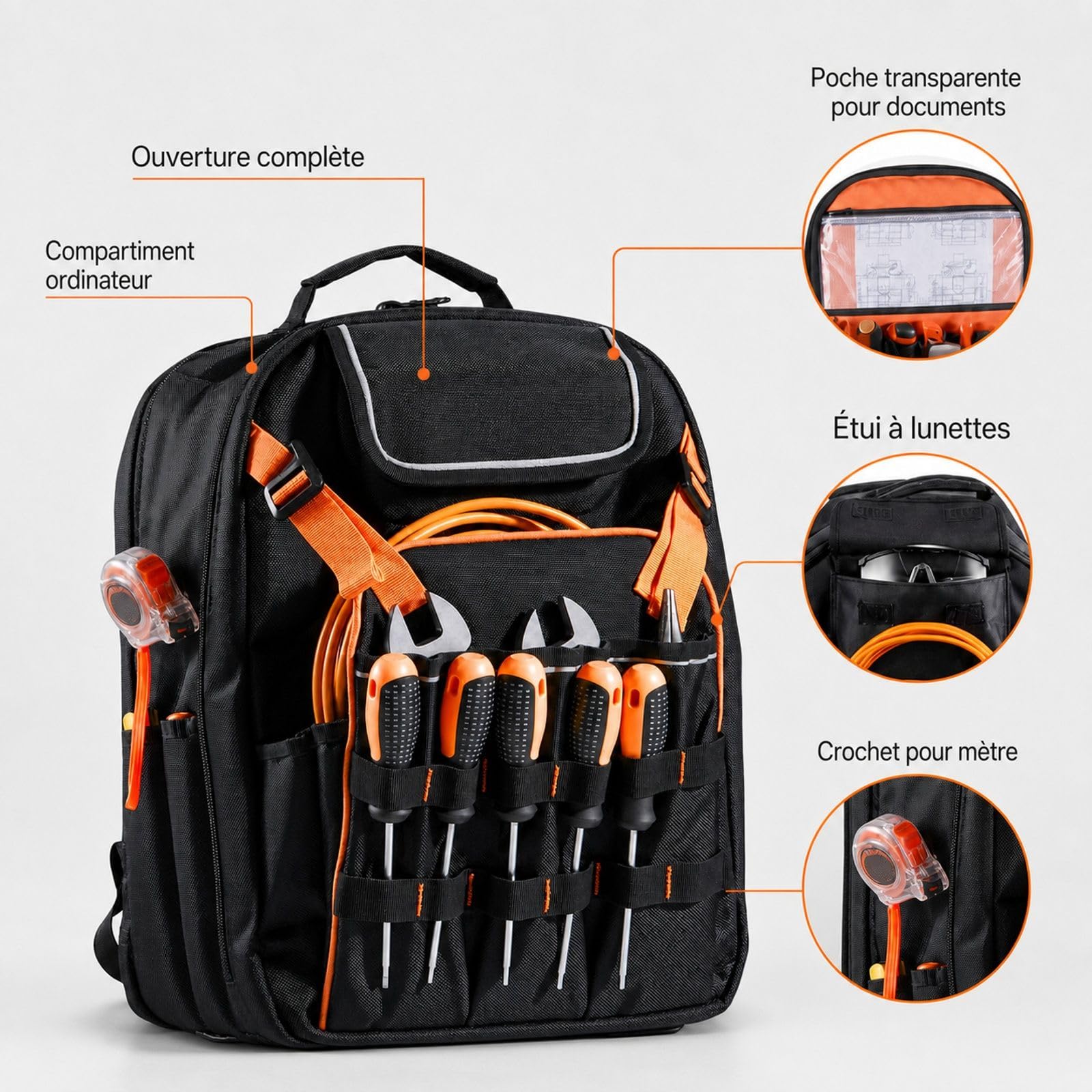 Sac à dos à outils avec 45 poches pour chantier