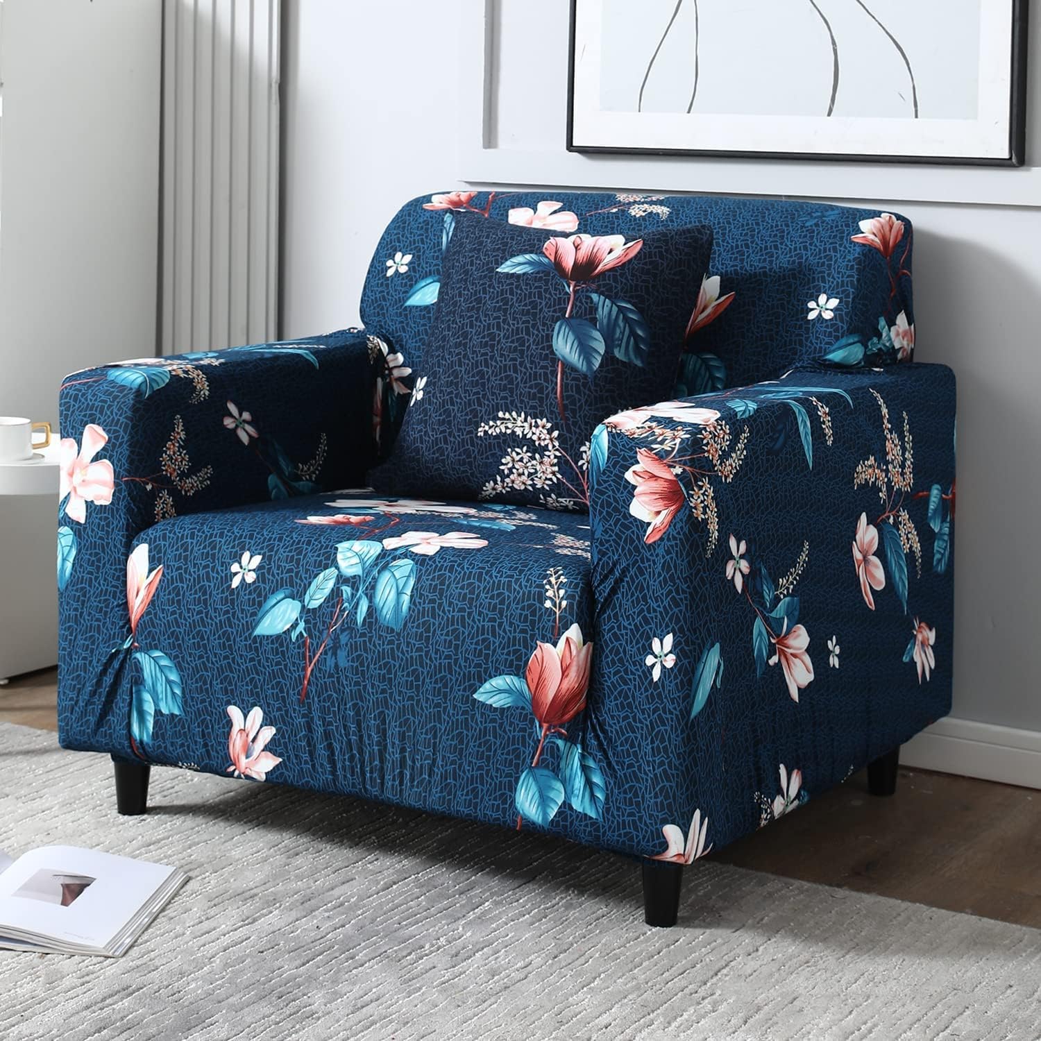 Stretch Sofa Cover, Printed Armchair Slipcover, Elastic Fit, 1 Seater, Geometric and Floral Pattern (Blue)-image-42