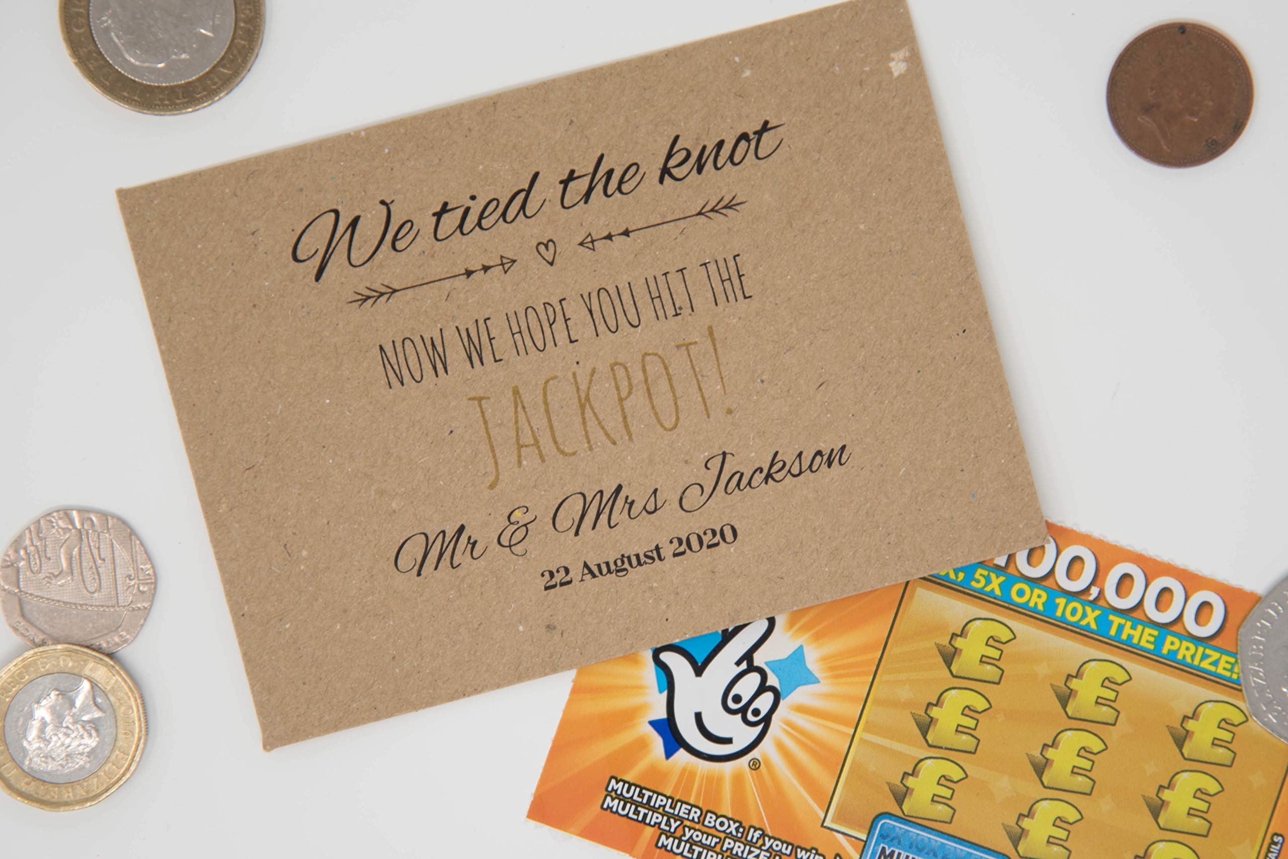 Personalised Wedding Favours - Scratch Card Holders - Lottery Ticket Paper Envelope in White or Recycled Kraft - We Tied The Knot (Kraft 25)