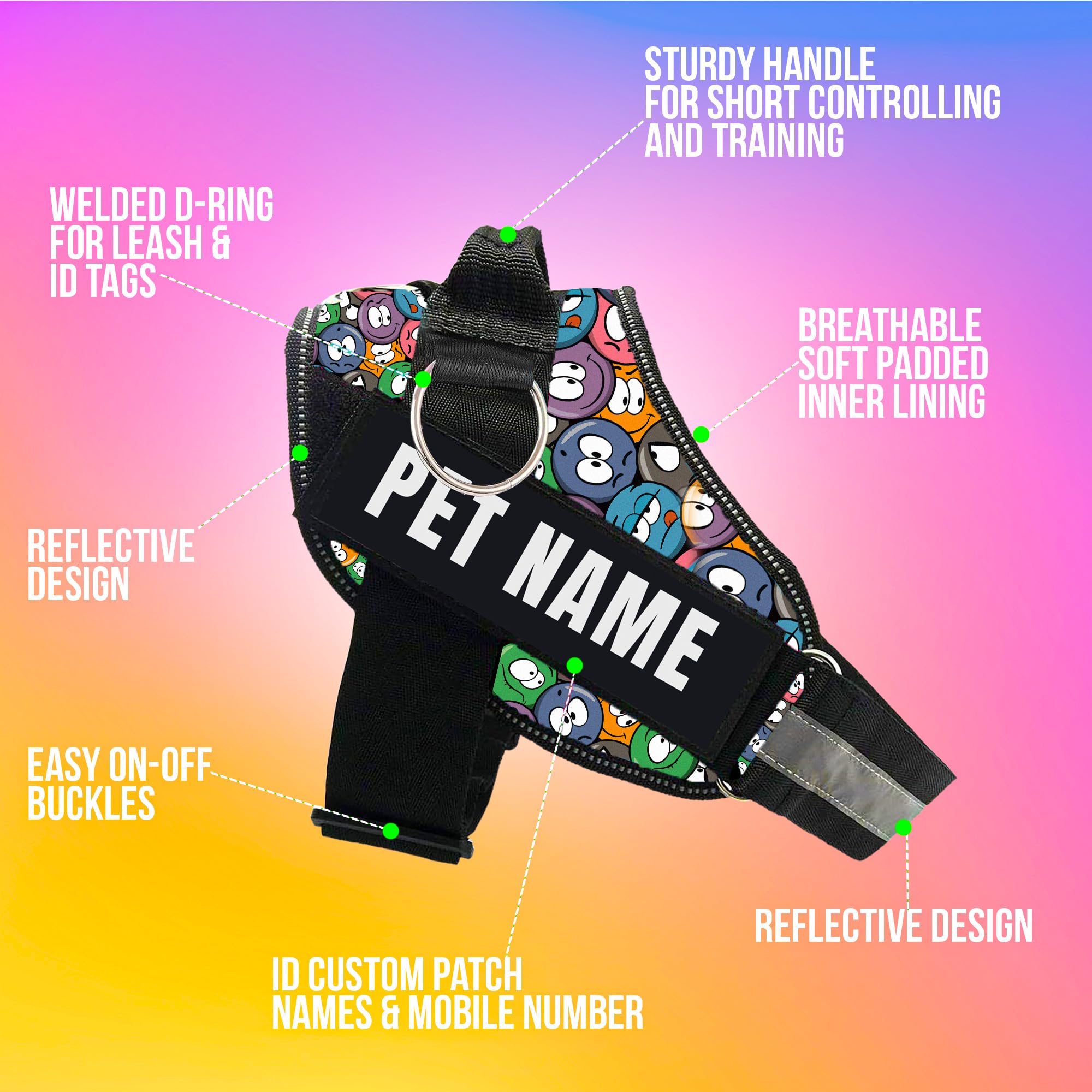 KIKA Arnés personalizado para perro | Arnés para perro con nombre | Arnés de chaleco personalizado para perro, tamaño grande (para 21-35 kg) Groovy Emoji