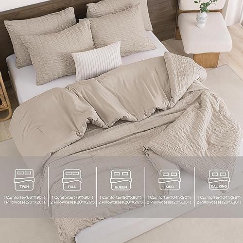 Miniatura 4 de Andency Edredón beige tamaño matrimonial (79 x 90 pulgadas), 3 piezas (1 edredón texturizado de sirsaca y 2 fundas de almohada), 100% microfibra