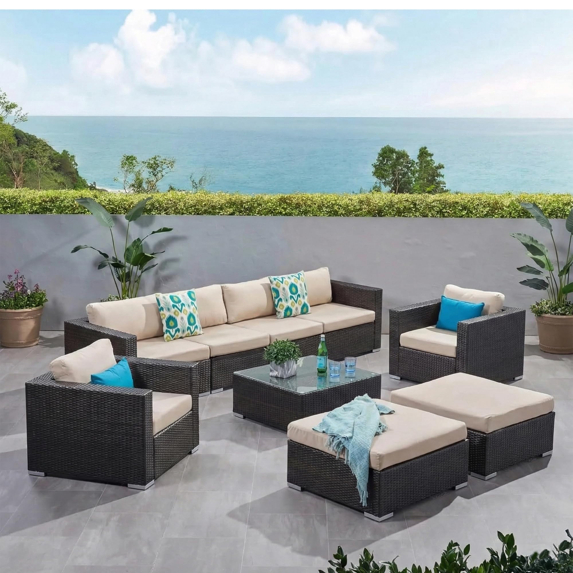 OUTLIVING 6-Piece Patio Furniture Set Outdoor | 8 Seater Manual Weaving HDPE Wicker Sectional Sofa with Ottomans, Center Table & Cushions Couch Set | Ideal for Porch, Lawn, Garden (Dark Brown & Cream)-image-27