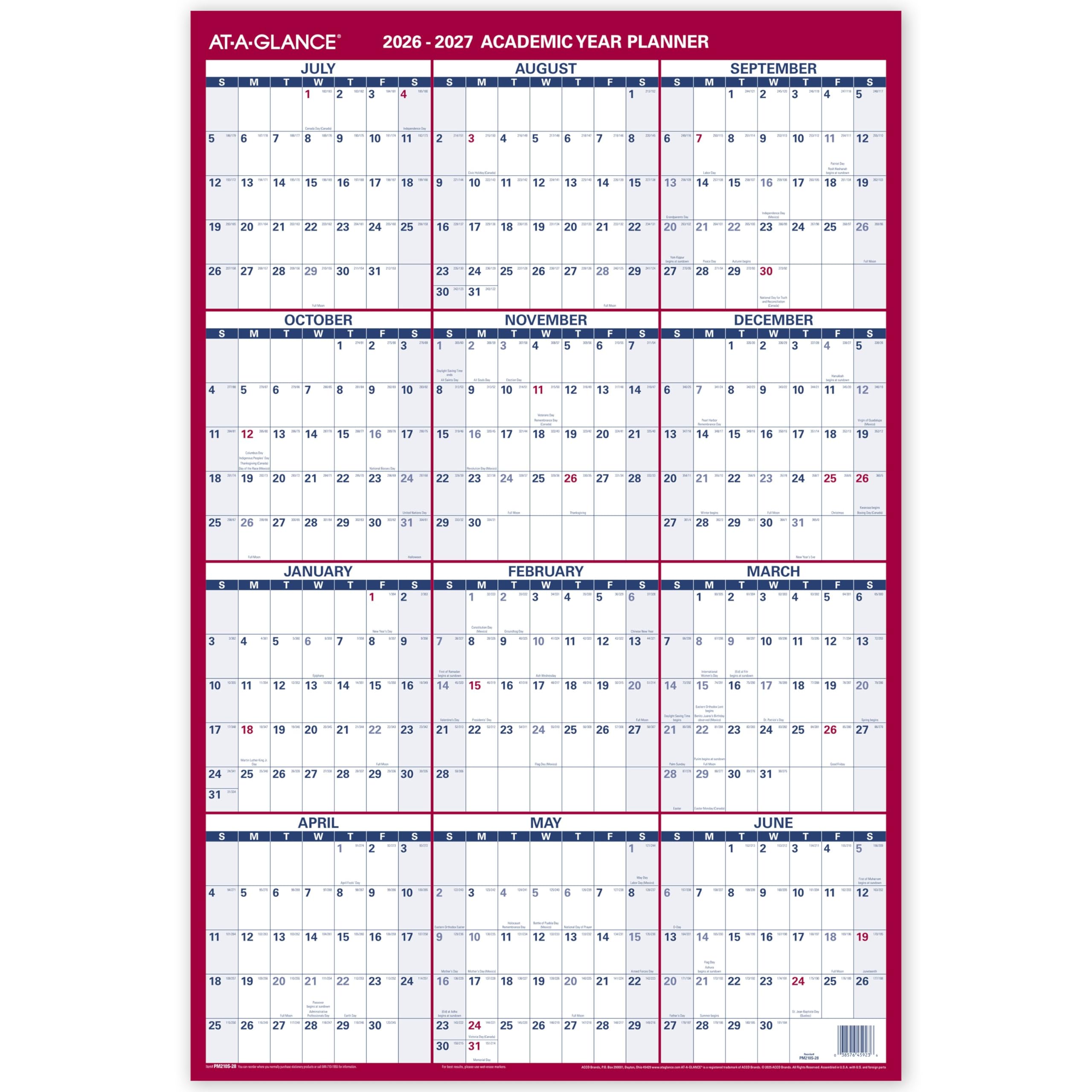 AT-A-GLANCE Dry Erase Calendar 2026-2027 Academic & Regular Year Wall Planner, 12-Month, 24" x 36", Double Sided, Vertical (PM210S28)