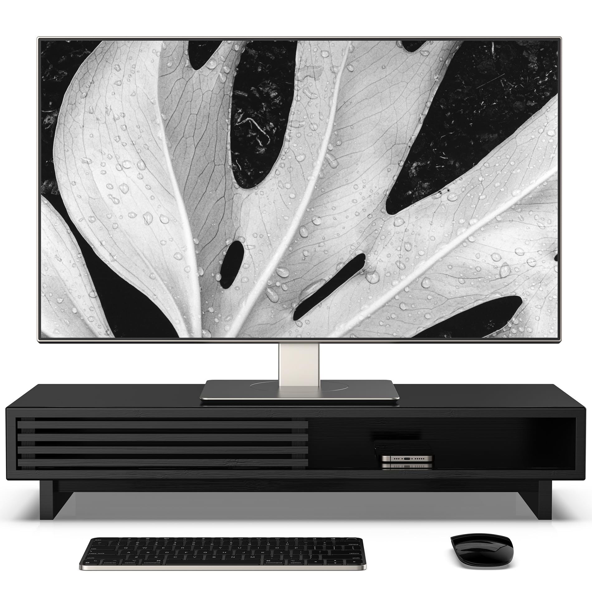 Photo 1 of WELL WENG Monitor Stand Riser, 25 Inch Premium Bamboo Desk Shelf Organizer with Sliding Door, No Assembly Required (Black) 25 Inch Black