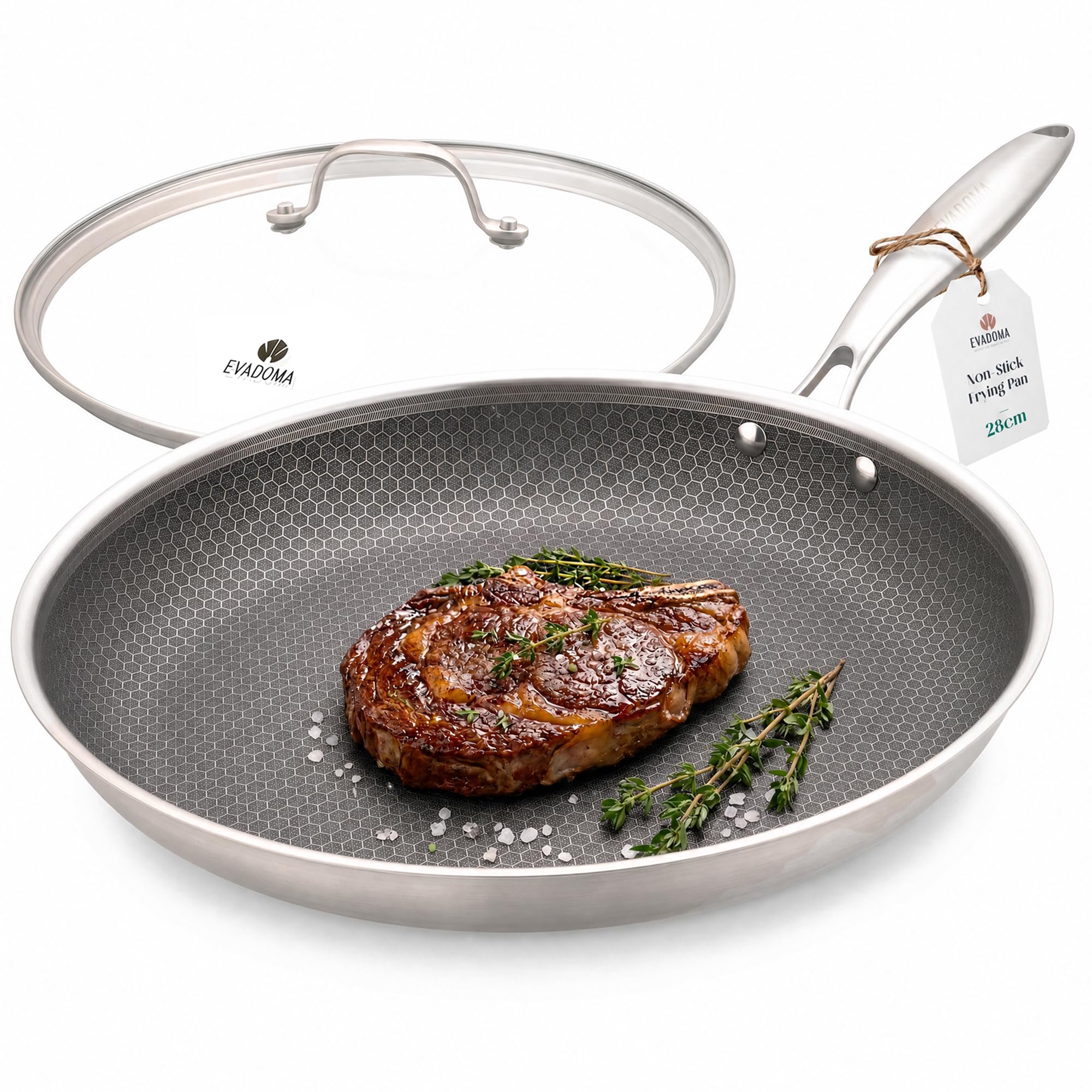 EVADOMA 28cm Stainless Steel Non Stick Frying Pan with Glass Lid, 2.5‑Ply Pan for All Hobs Including Induction, PFOA Free Non Stick Skillet for Everyday Cooking, Frying and Sauteing