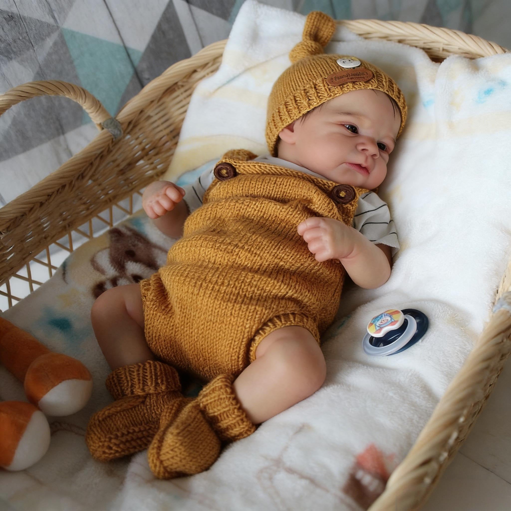 RXDOLL Reborn Baby Junge Offene Augen Vollsilikon Lebensecht, 43 cm Silikon Baby Puppe, Reborn Puppen Lebensecht, Lebensechte Babypuppen Junge Mit Zubehör