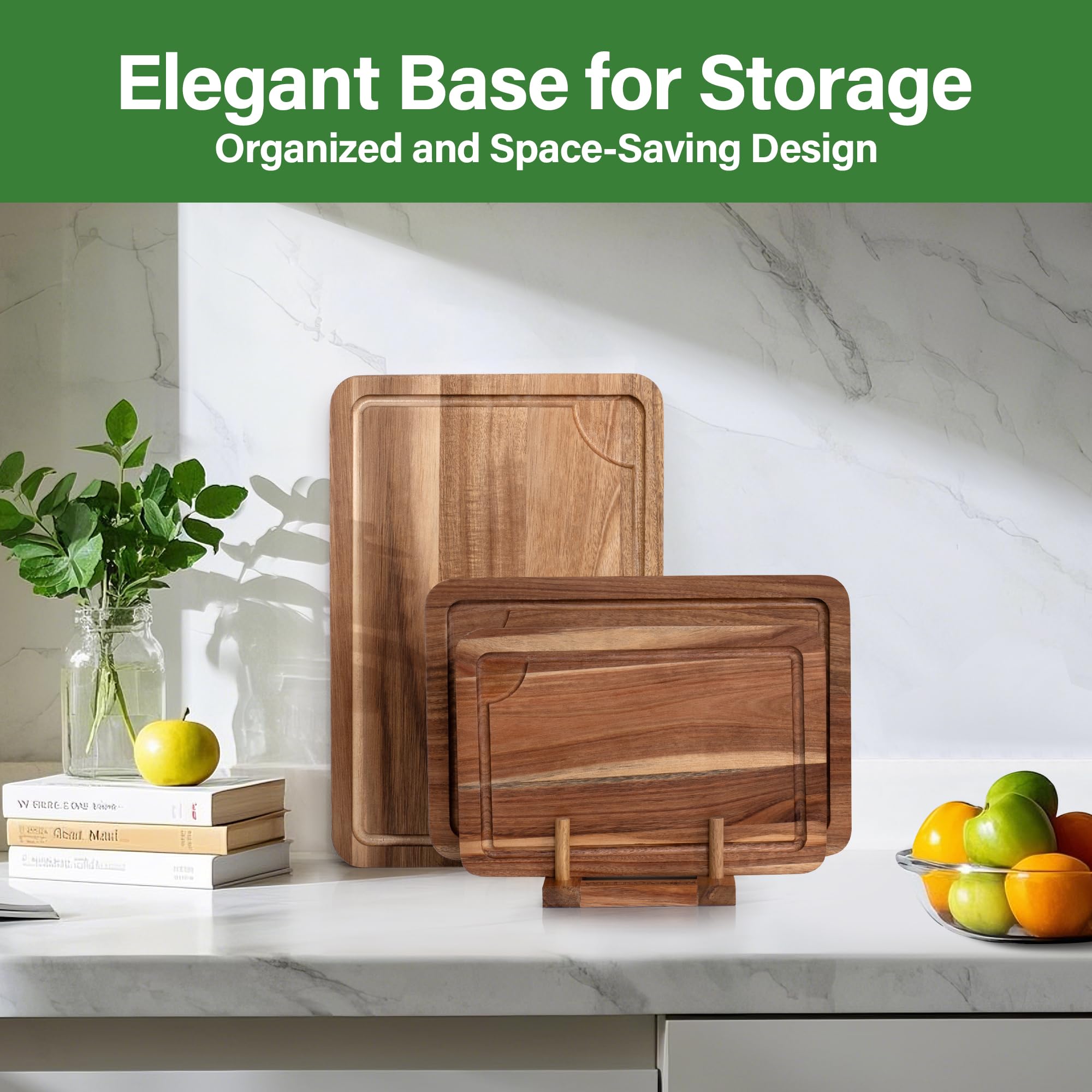 Set de 3 Planches à Découper en Bois d'Acacia avec Rainure pour Jus, Support et Couteau à Fruits Offerts, Planche à Découper Double Face pour Viande, Légumes et Fromage.