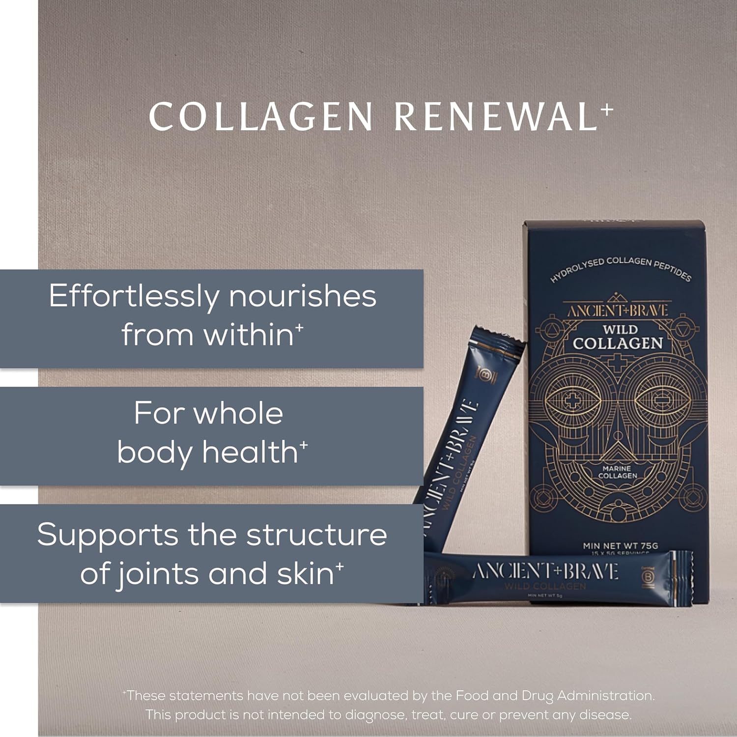 Ancient + Brave Wild Marine Collagen Powder Packets 15 x 5g, Marine Collagen Peptides, Highly Bioavailable Protein Powder, Supplements for Women, Keto Friendly, Supplement for Hair, Skin and Nails