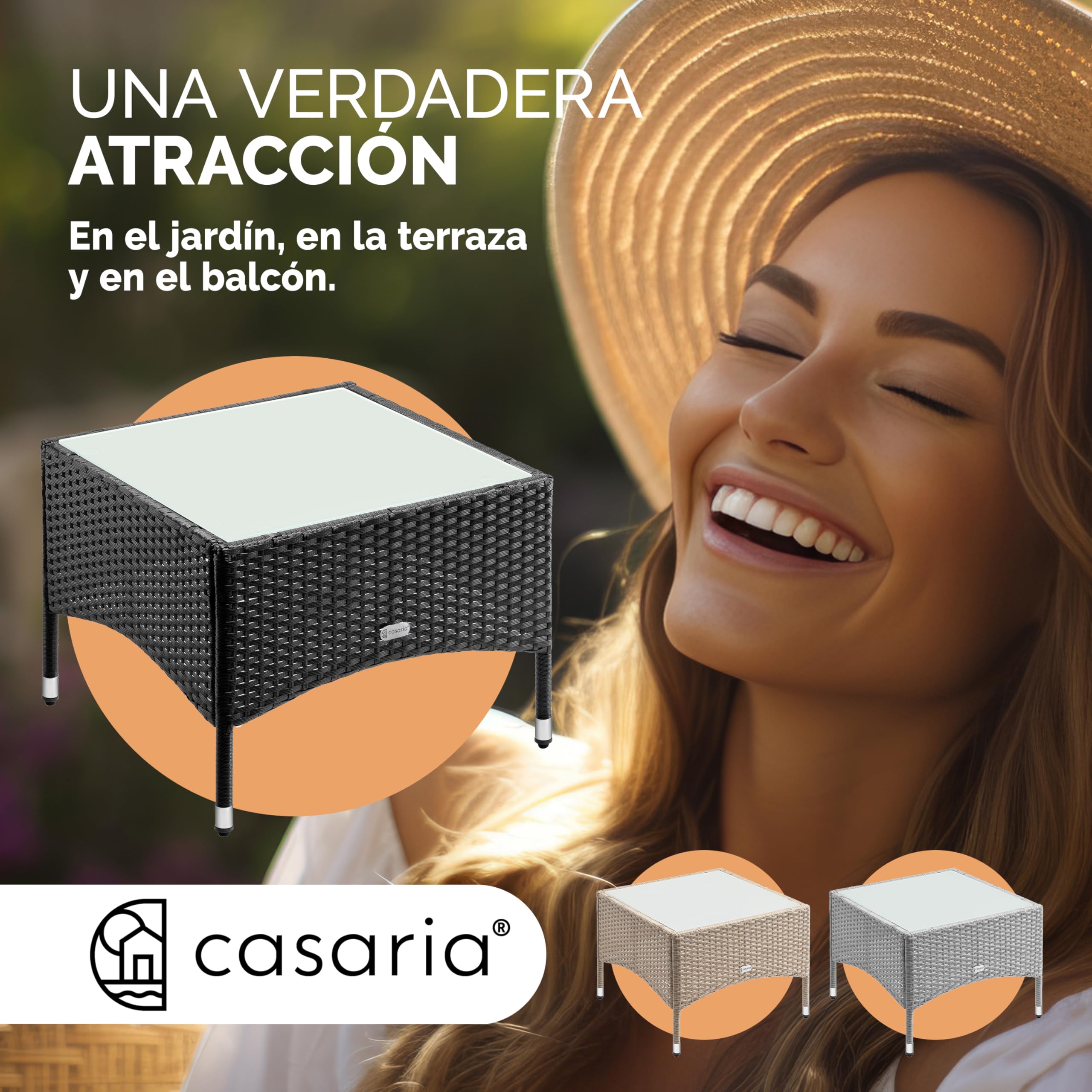 CASARIA® Mesita de Centro Poliratán 58x58x42cm Carga hasta 80Kg Mesa Auxiliar Jardín Ajustable en Altura Tablero Vidrio Resistente Intemperie Negro