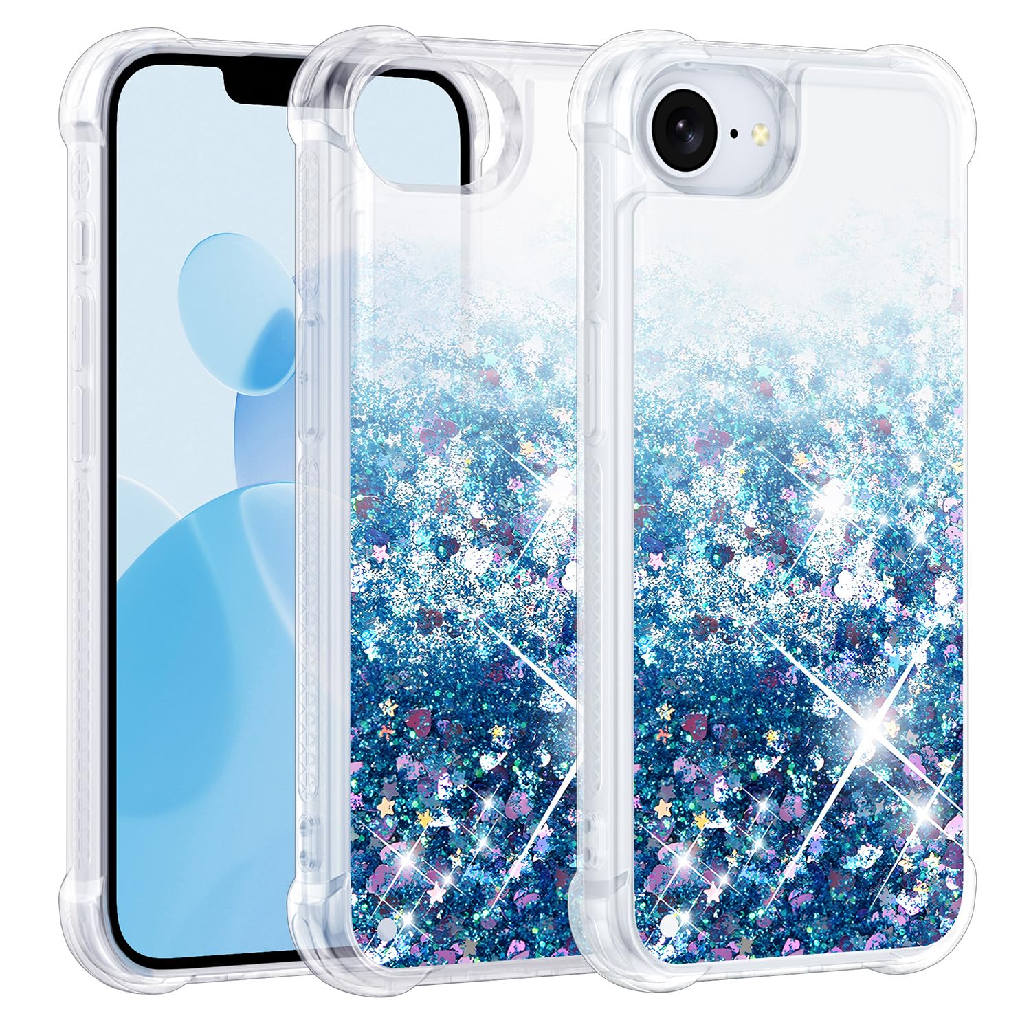 Liquid Glitter Case for iPhone 16e, Flowing Sparkle Quicksand Design Bling Glitter Clear Case for Women, Soft TPU Shockproof Girly Case, Blue