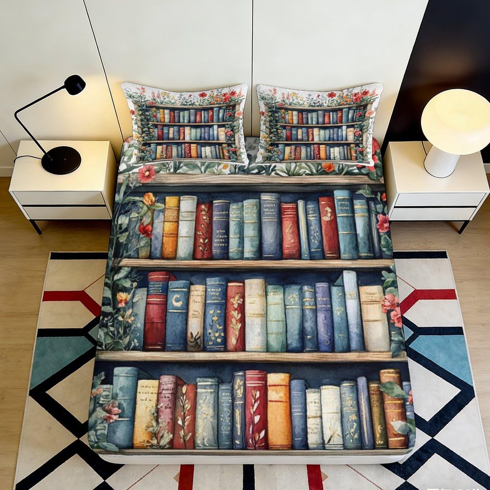 3D Printed Bookshelf Fitted Sheet Microfiber Deep Pocket Non-Slip Bedroom Decor Bookshelf Mattress Fitted Cover Washable for Adults Teens 120x200x25cm