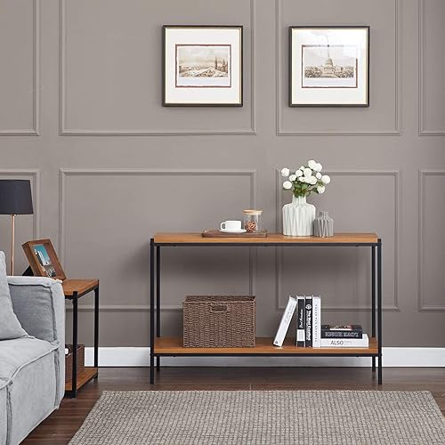 Brooklyn Series - Mesa consola industrial, moderna mesa de madera rústica para laptop, mesa de sofá con estante de almacenamiento, marco de metal