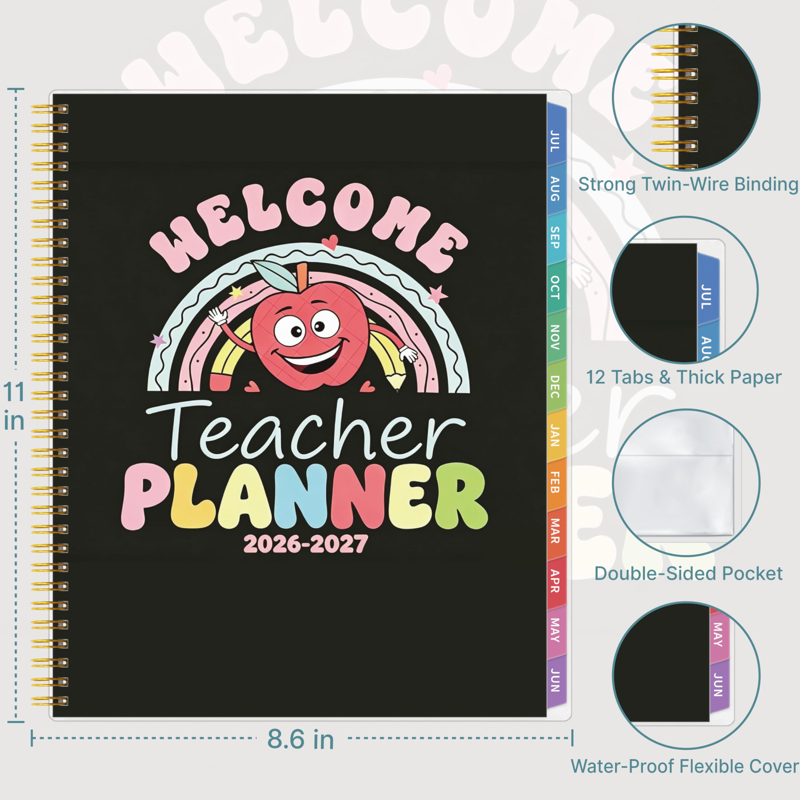 Lehrerplaner 2026–2027, Lehrerplaner für das akademische Jahr, Juli 2026–Juni 2027, Unterrichtsplaner 2026–2027, Homeschool Planbuch, 21,6 x 27,9 cm mit Registerkarten und Tasche, flexibler Einband