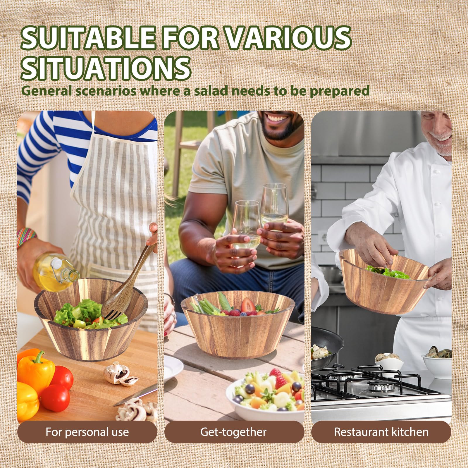 Juego de 3 cuencos de ensalada de madera de acacia de 11.8 pulgadas, cuenco grande con utensilios de servir, tenedor y cuchara para mezclar frutas, cereales, cocina, fiesta en casa (3