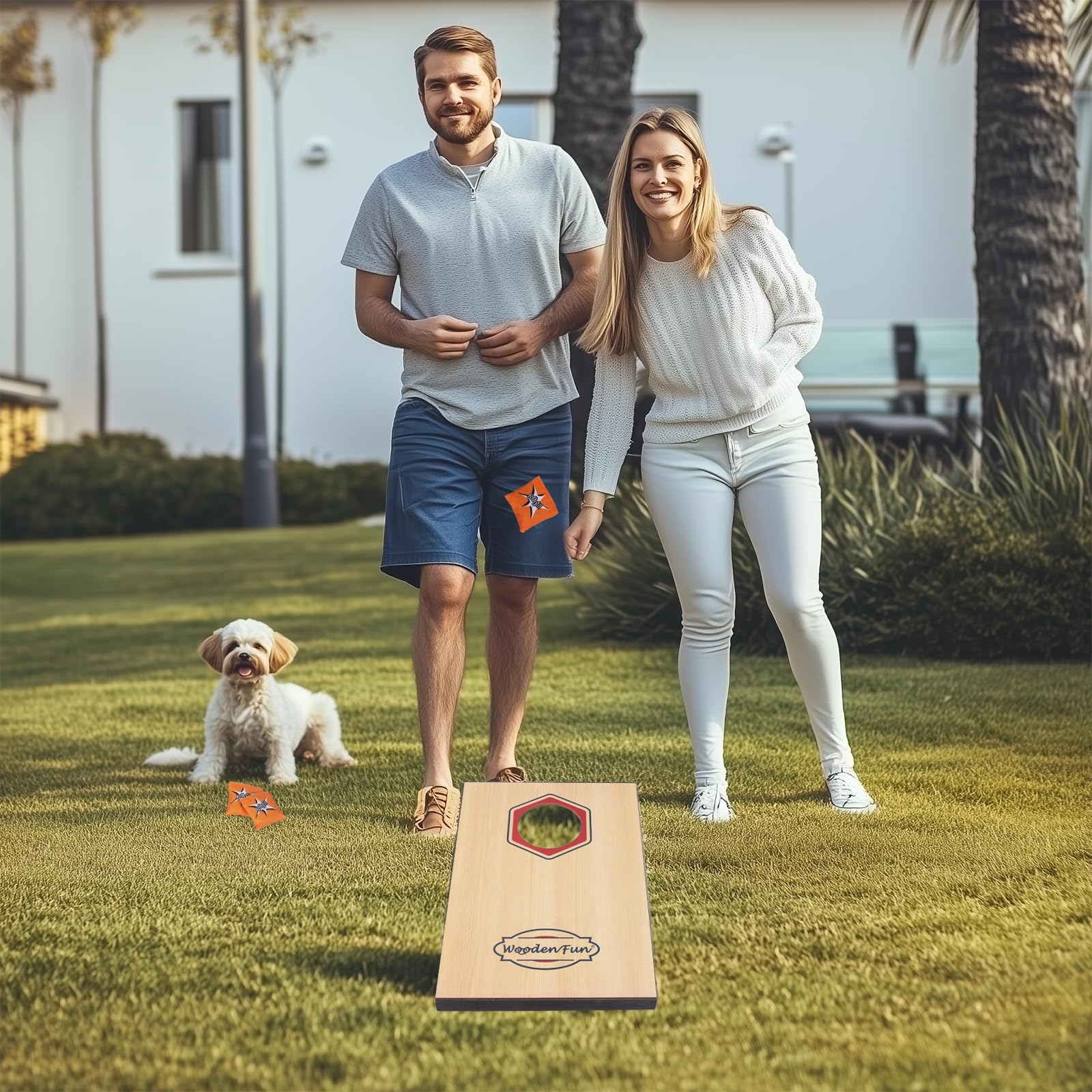 Gioco di Cornhole da Esterno per Bambini e Adulti con 8 Sacchi di Sabbia e 2 Tavole da Cornhole, Gioco da Spiaggia