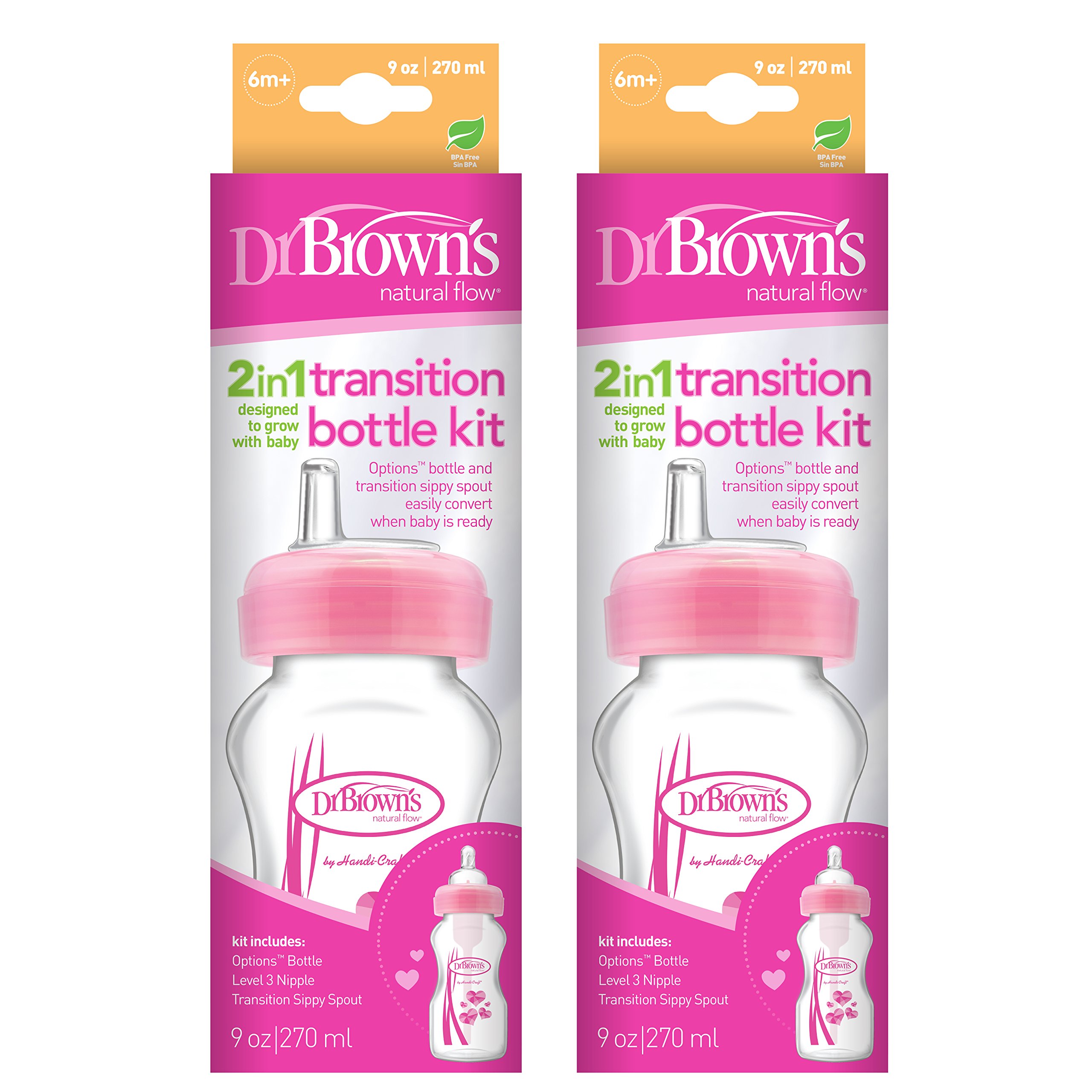Dr. Brown's Botellas de cuello ancho Options, 2 en 1 botella de transición, 9 onzas, rosa, 2 unidades