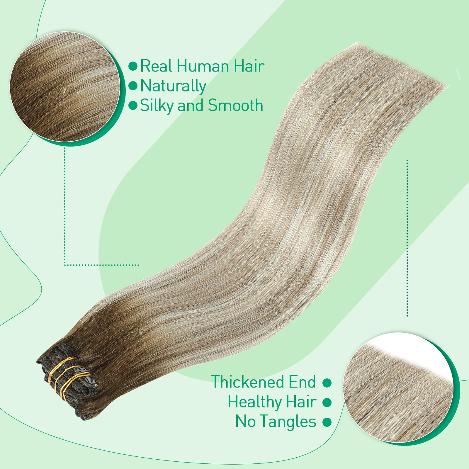 SURNEL Clip in Hair Extensions Human Balayage Color 3 Fading to 8 and Highlight 22 Blonde Extensions Clip in Hair for Women 7Pcs 160 Gram 20 inch Double Weft (7C#3/8/22-20) - Image 4