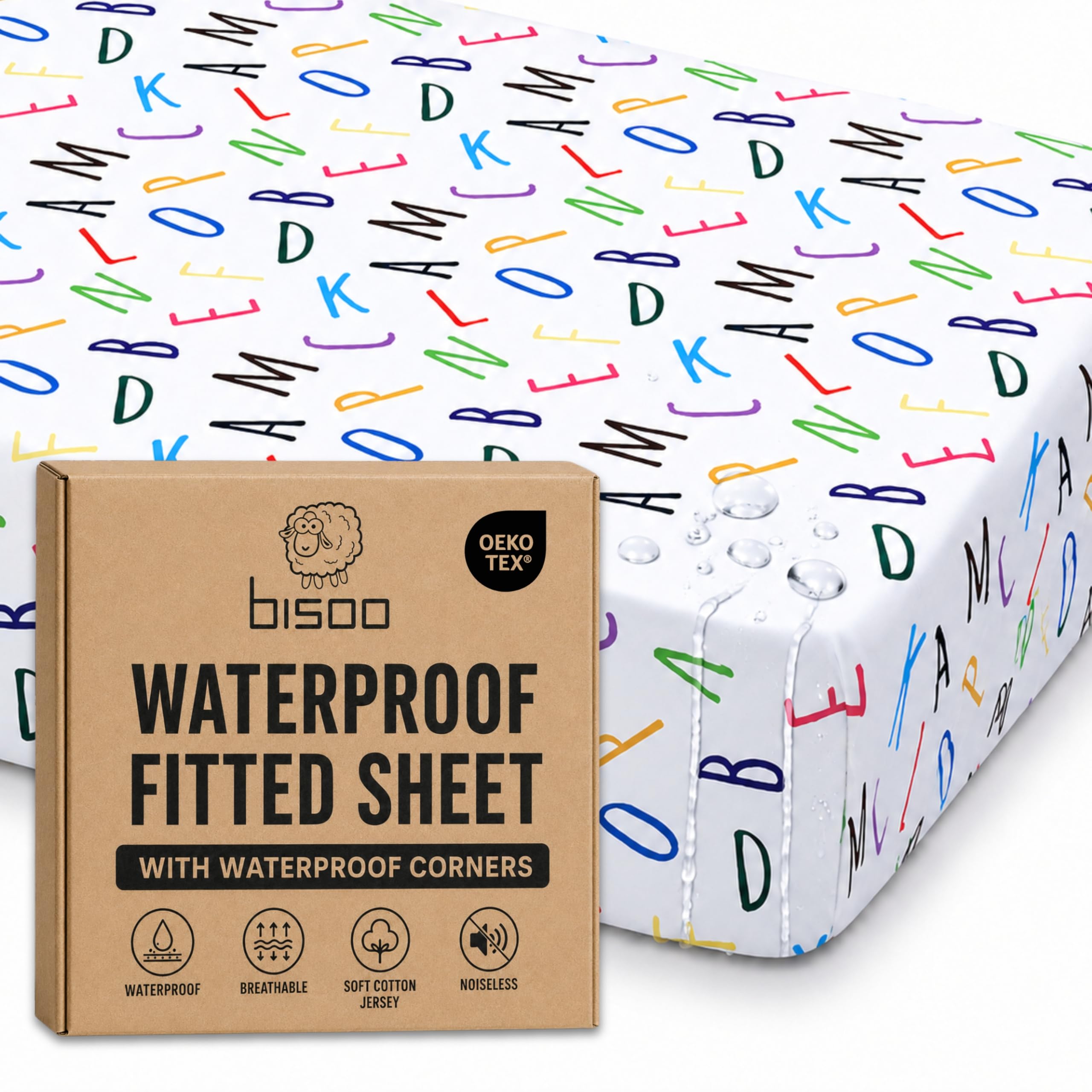 Bisoo Letters The Magic Sheet 32X63 In / 80X160 Cm - Fully Waterproof Fitted Sheet 2In1: Jersey Cotton Bed Sheet & Mattress Protector For Junior Cot Bed - Soft, Breathable, Silent, Oeko-Tex,