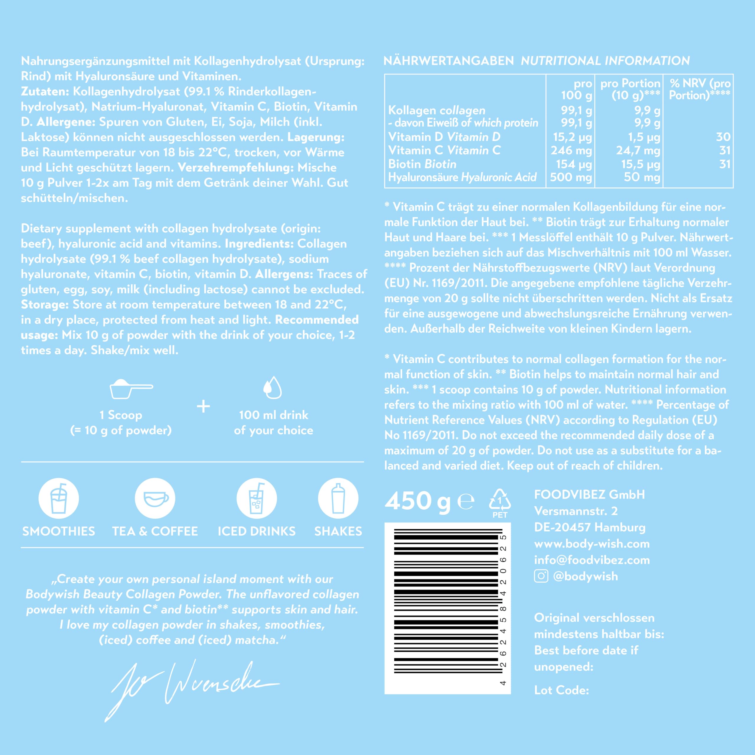 Hydrolysiertes Kollagen Pulver Hochdosiert (2x 450g) | Premium Hyaluron Pulver hochdosiert, Biotin Vitamine & Mineralstoffe | Beauty Kollagen Hydrolysat | Glow Collagen Peptide Typ 1 & 3