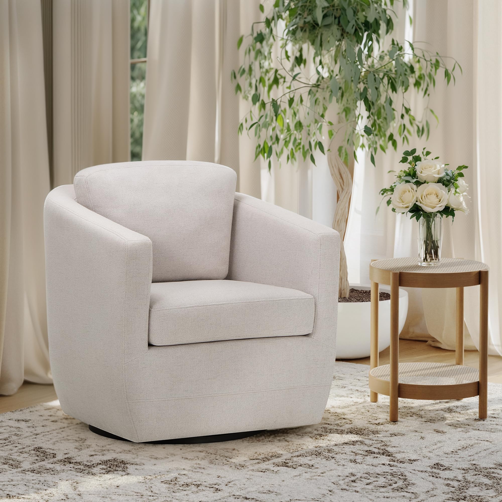 COLAMY Swivel Accent Chair, Round Upholstered Boucle Barrel Armchair Metal Base Fabric Chair Modern No Assembly Sofa Chair for Living Room Bedroom Reading Apartment Nursery, Beige