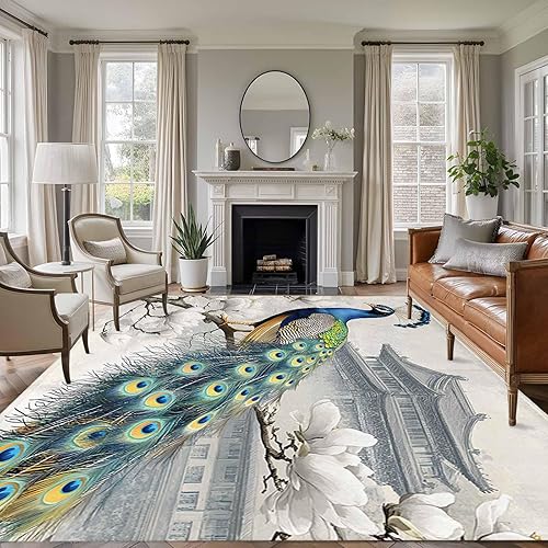 Miniatura 2 de 5x7 Area Rugs, Watercolor Peacock Non-Skid Rubber Backing Large Rectangle Rugs - Living Room Bedroom Home Office, Retro Attic Flower Feather Indoor
