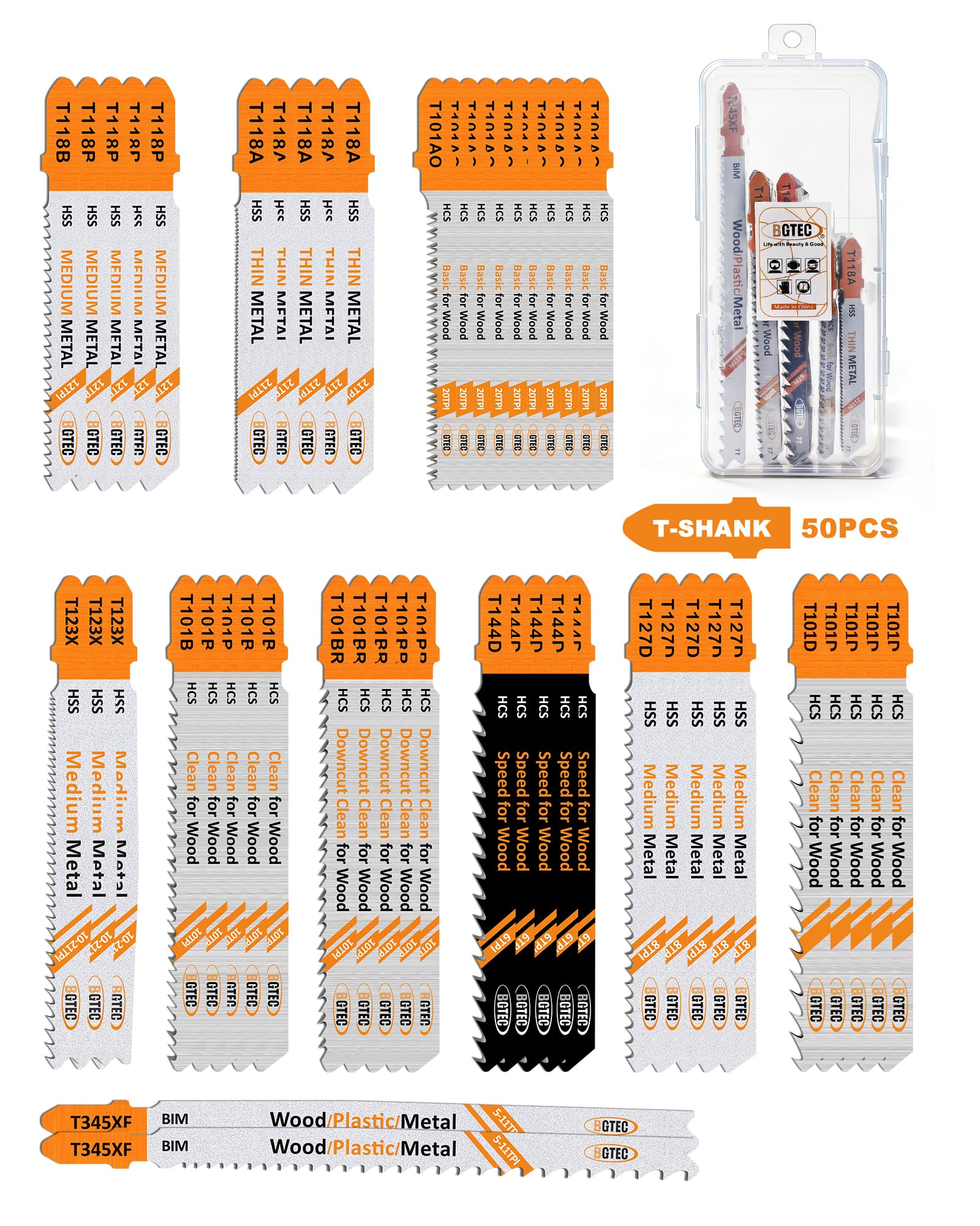 Juego de 50 Hojas para Sierra de Calar BGTEC - Hojas HCS/HSS con Vástago en T para Cortar Madera, Plástico y Metal (Incluye T118A,T118B,T127D,T123X,T101AO,T101B,T101BR,T101D,T144D,T345XF)