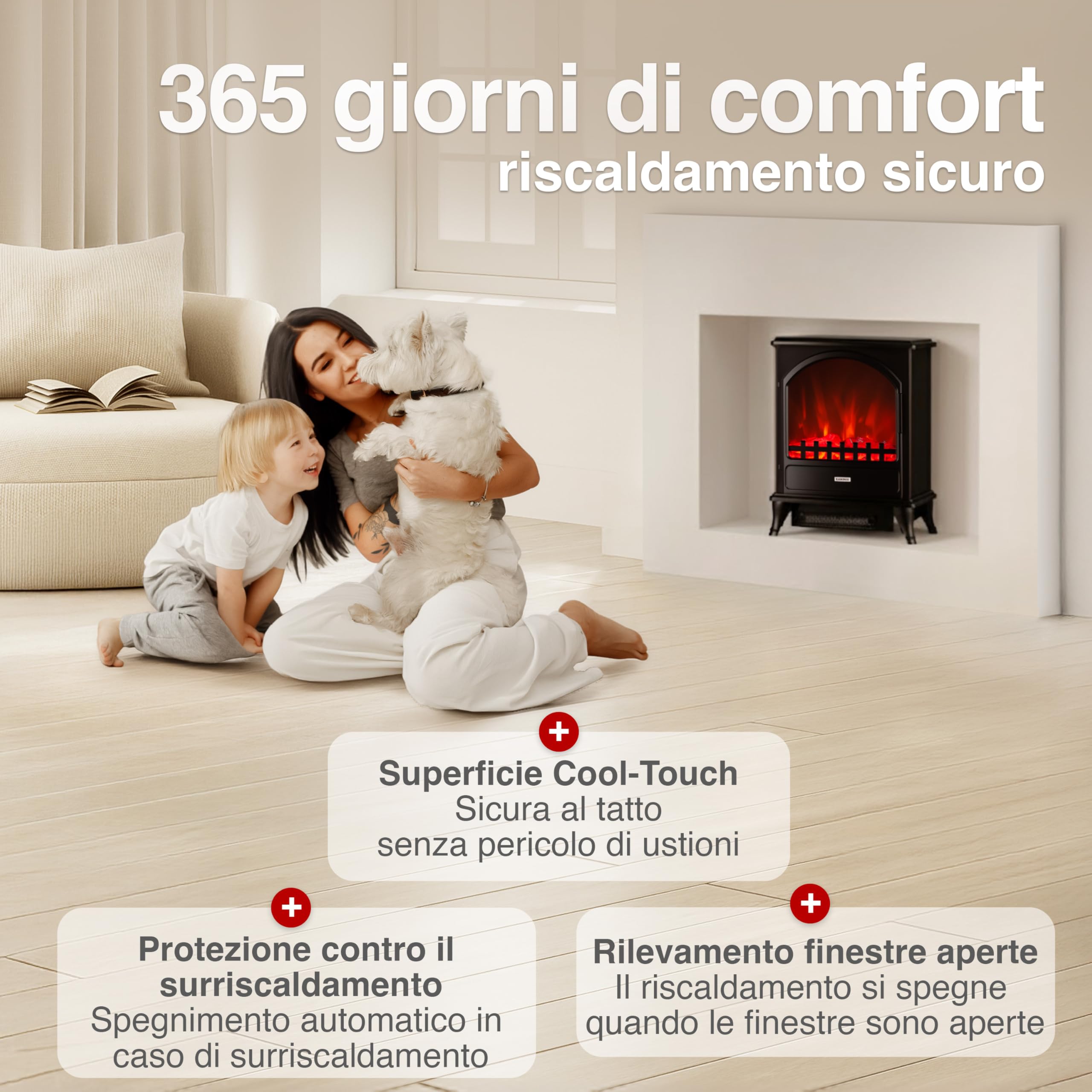 KAMINIO Camino elettrico Leni - Stufa elettrica con riscaldamento, effetto fiamma 3D (Nero)