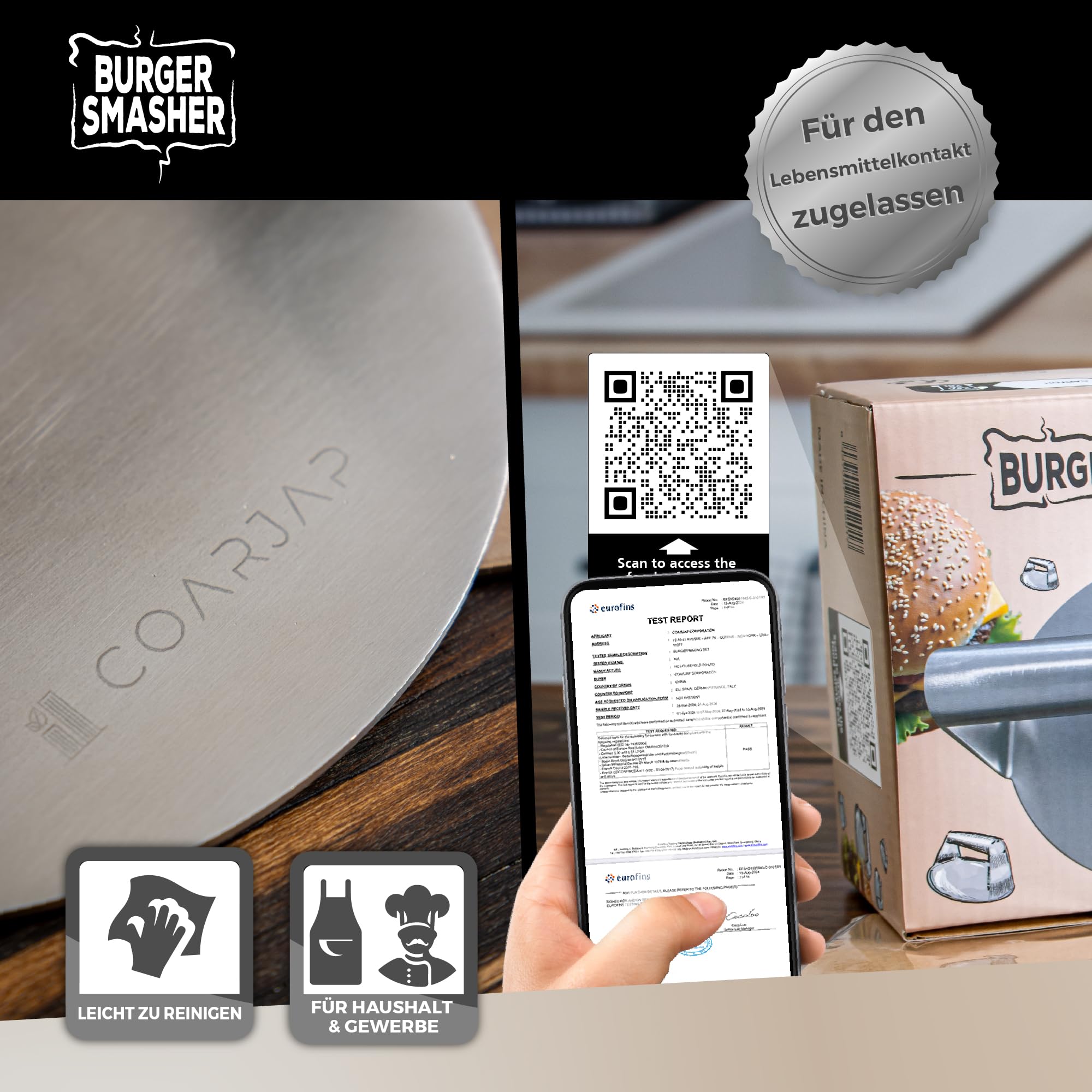 Burgerpresse Smash Burger - Burger Smasher Hamburgerpresse Edelstahl 304 – Smashed Burger Presse aus einem Stück – Inkl. 60 Burgerpapier & QR-Test lebensmittelecht – Spülmaschinenfest