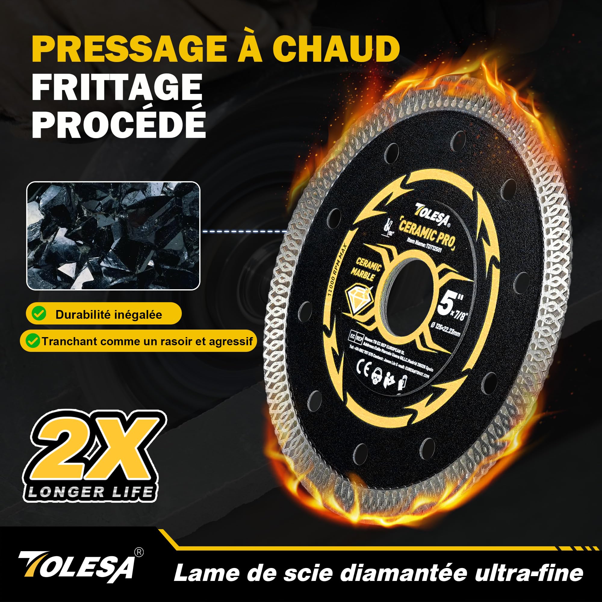 TOLESA Disque Diamant 125 mm, Disque de Coupe Extra Fin pour Carrelage, Céramique, Marbre et Granit, Coupe à Sec ou à l’Eau, Alésage 22,23 mm avec Bagues 20 mm & 16 mm (Lot de 3)