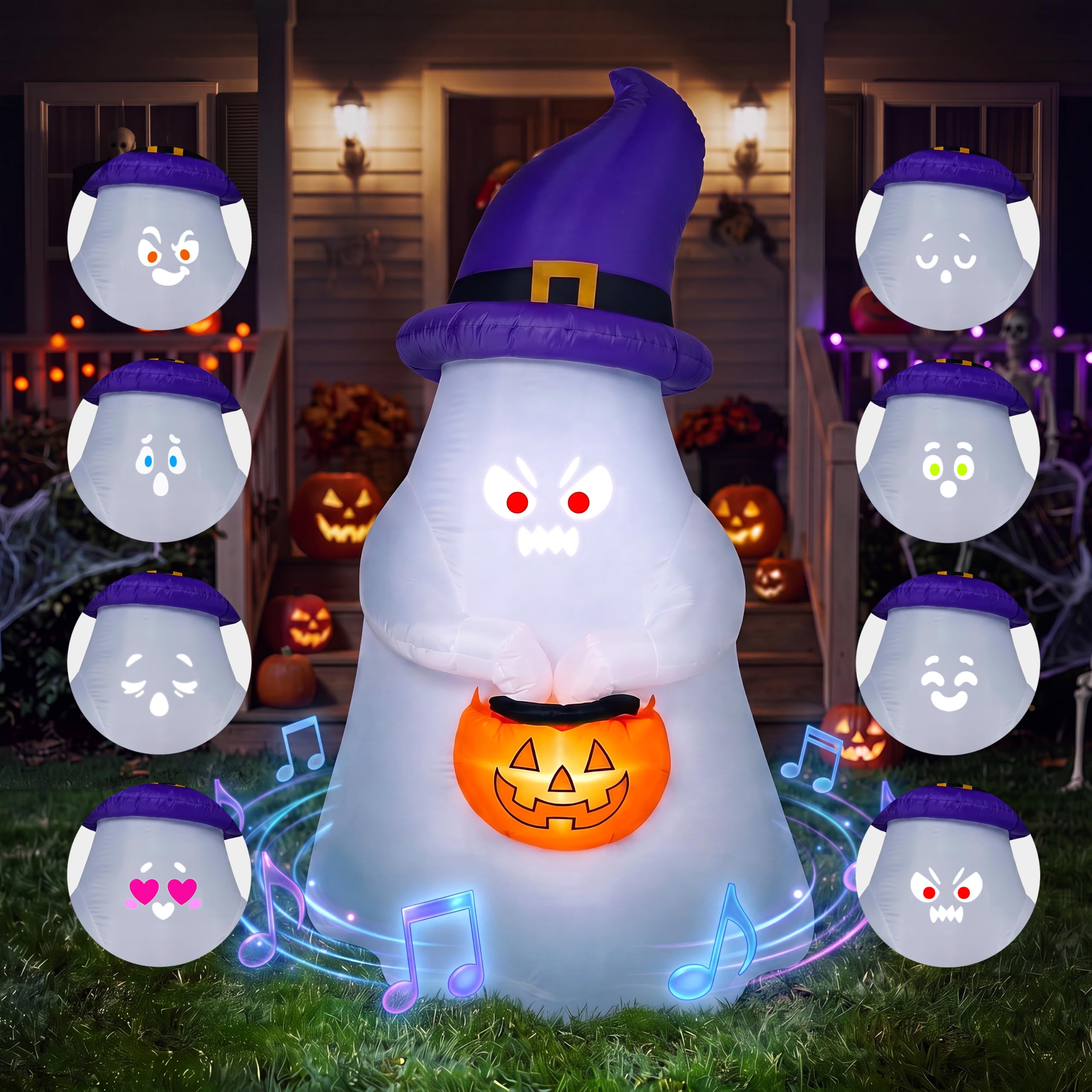 Joiedomi Decorazione gonfiabile per Halloween da 1,5 m, con proiettore e musica, con 8 espressioni facciali e carillon per feste all'aperto