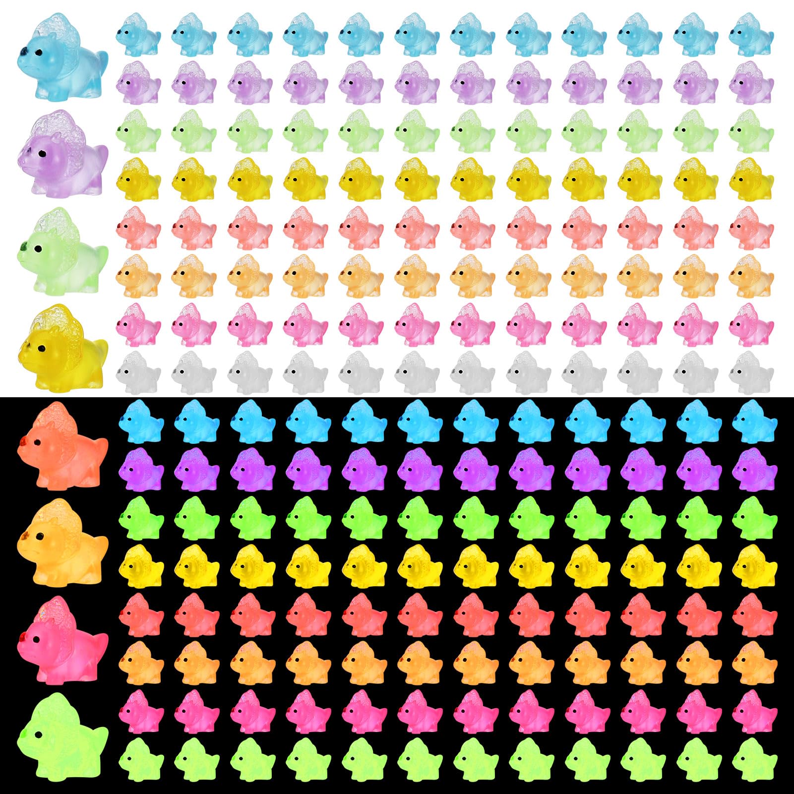 Vyuwast 100 Pcs Mini Resin Dinosaurs, 8 Colors Mini Resin Luminous Dinosaurs Figurines, Glow in the Dark Tiny Dinosaur Mini Dinosaurs for Birthday Party Miniature Landscape Easter DIY Decoration
