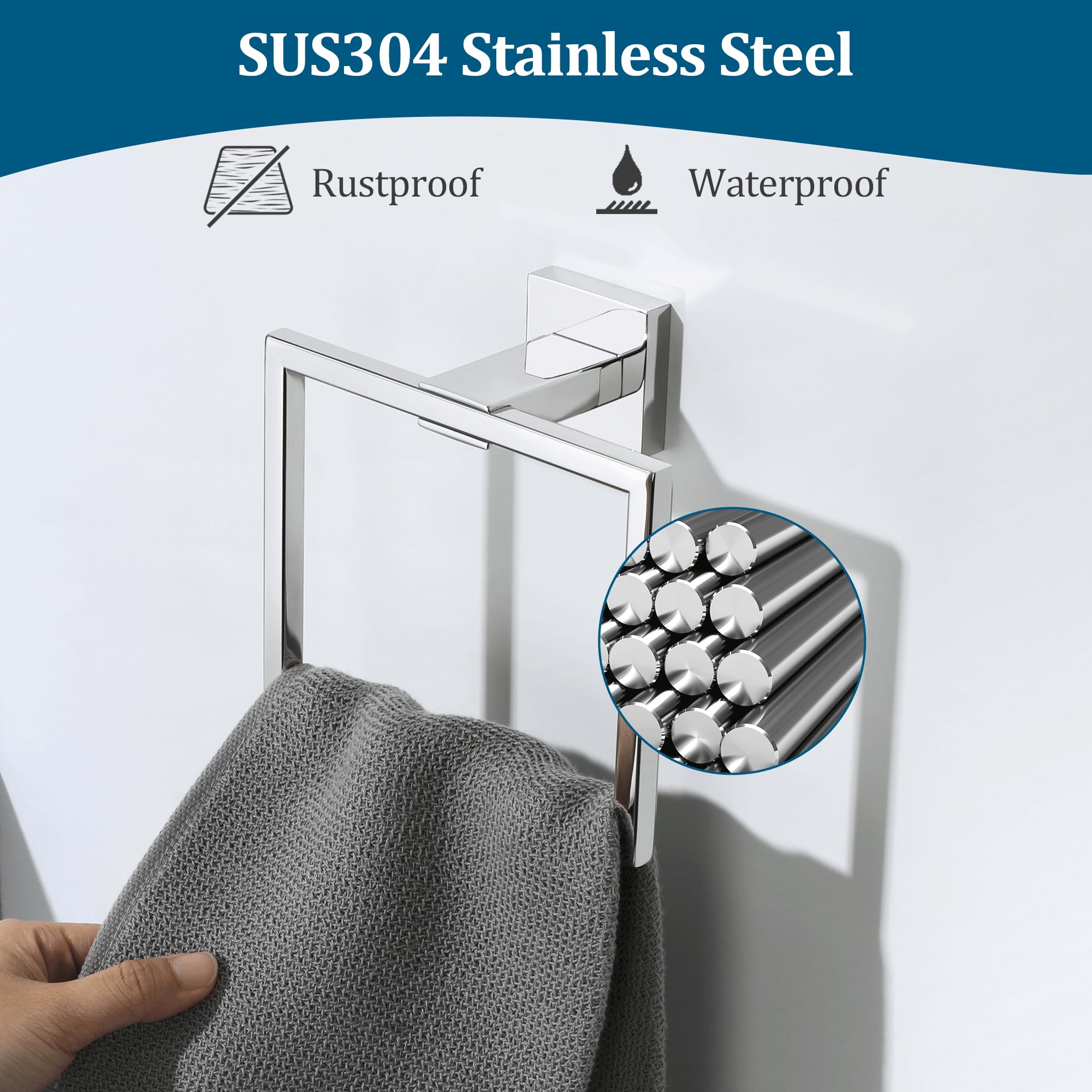 Sayayo Chrome Hand Towel Holder Towel Ring Square Towel Rail Wall Mounted for Bathroom Kitchen SUS304 Stainless Steel Waterproof & Rustproof - Image 3