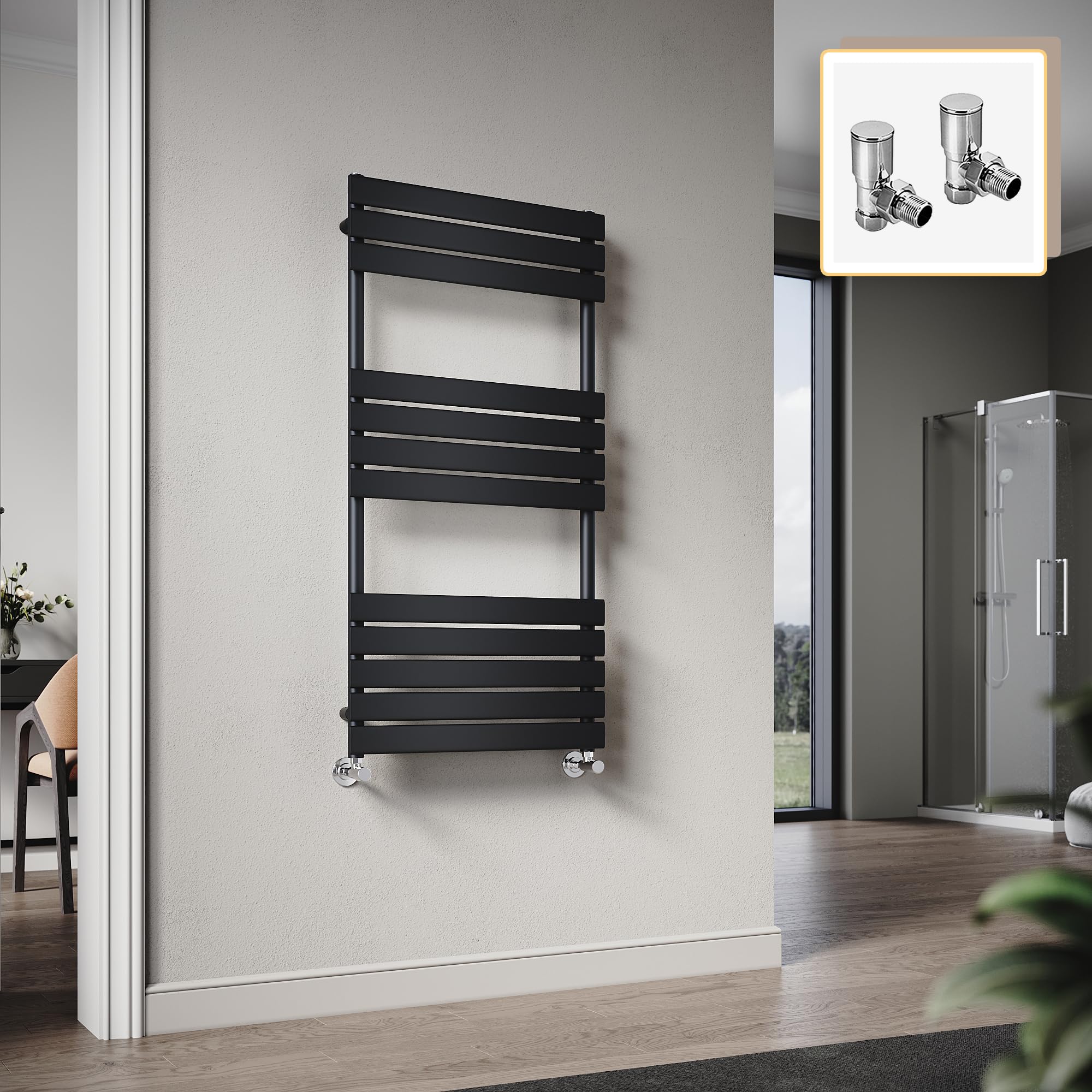 ELEGANT Flat Panel Heated Towel Rail Black Bathroom Ladder Radiator 1200 x 600 mm Central Heating Towel Radiator with Free Angled Valves