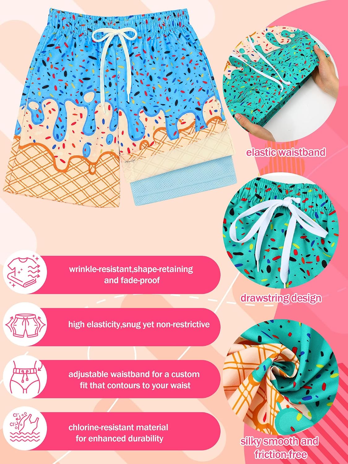 Unittype 3 Pcs Ice Cream Swim Trunks for Kids Beach Shorts Quick Dry Swimwear with Compression Liner Drawstring Waist