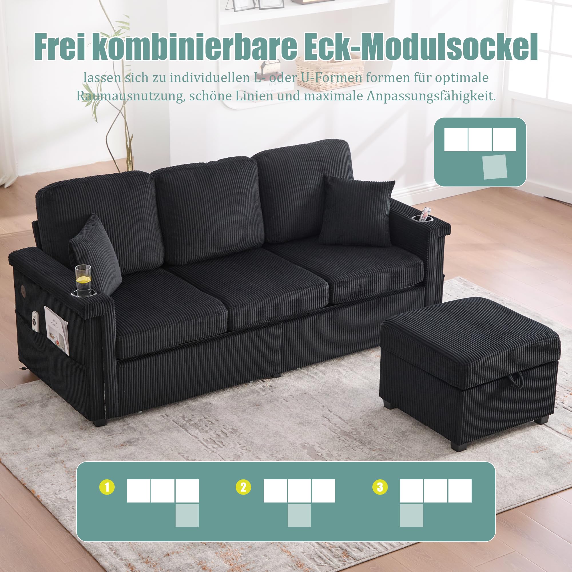 Modulares Ecksofa aus Cordstoff, Sofa mit Schlaffunktion, Couch mit LED-Beleuchtung & USB-C-Port, inklusive Stauraum-Fußteil, praktischen Getränkehaltern und Seitentaschen, Schwarz