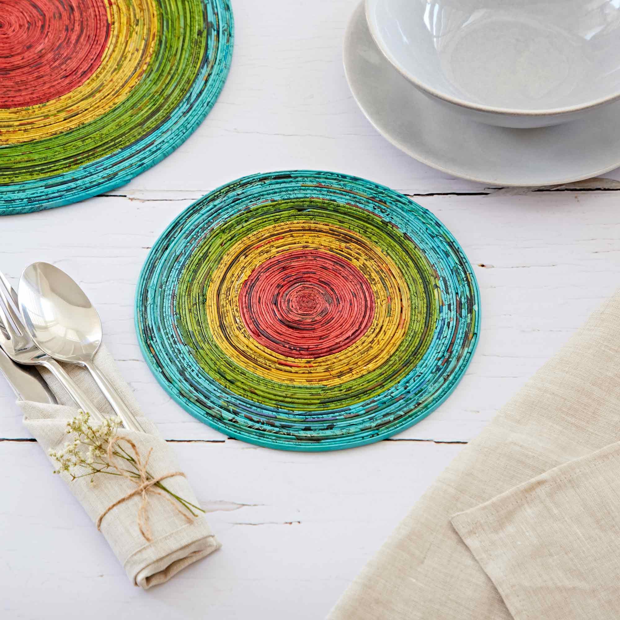 Paper High Men's Blue/Green/Yellow/Red Recycled Newspaper Round Placemats - | Small | Sustainable | Handmade Colourful | Fair Trade Gifts For And Wo
