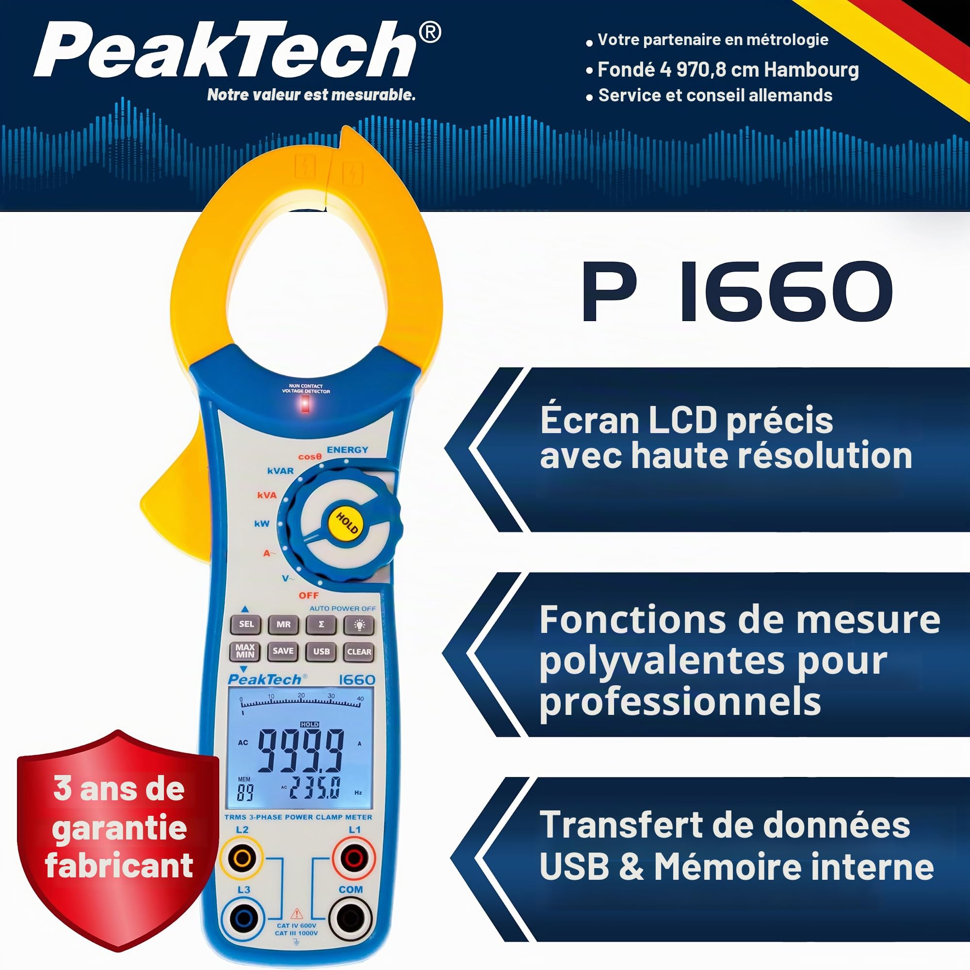 PeakTech 1660 - Pince de Courant Efficace avec USB, 1000A AC, 9999 counts, Multimètre Numérique, pour kW, kWh, kVA, TÜV/GS, Pince de Courant, Voltmètre sans Contact, Testeur de Continuité