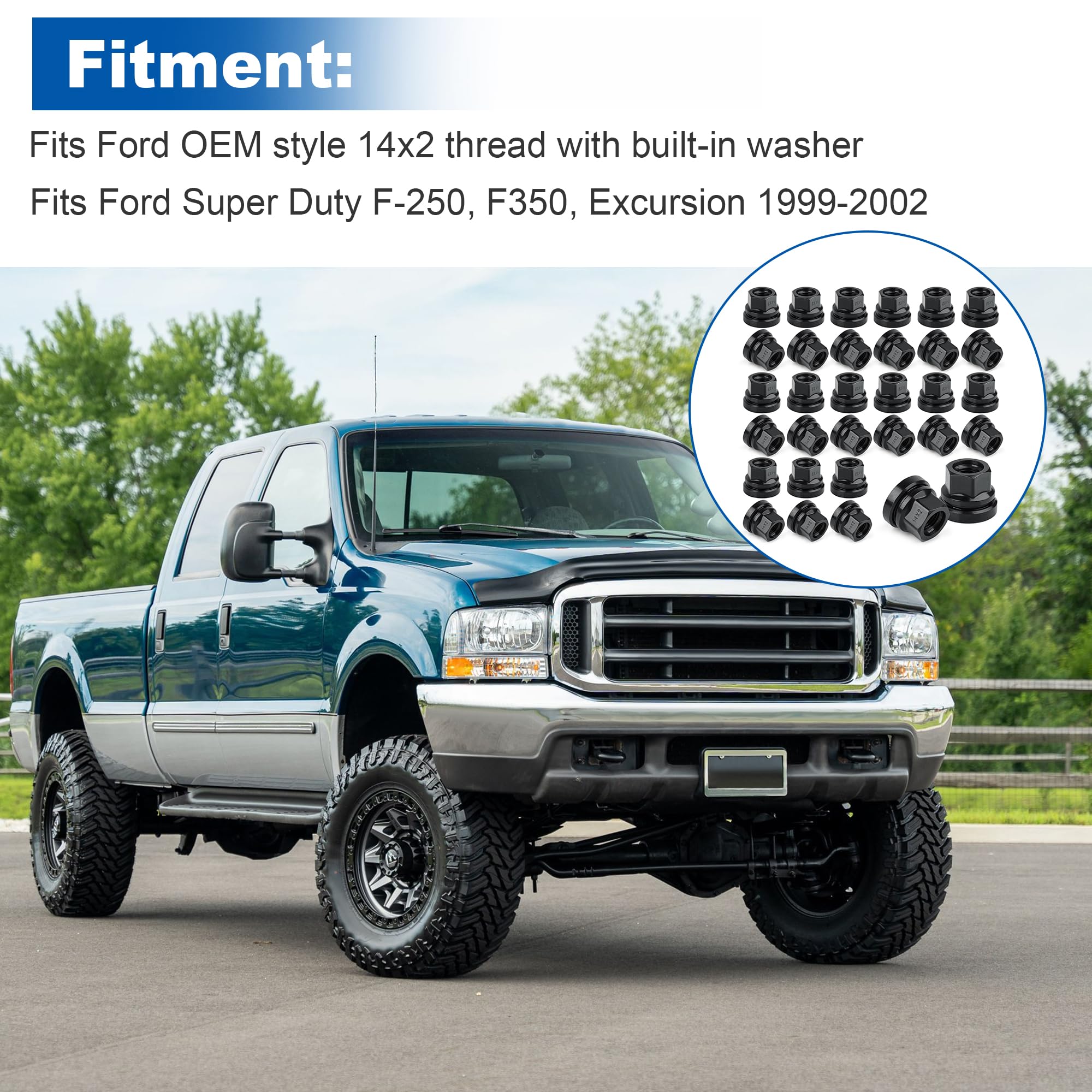 Set di 32 dadi di ricambio per ruote Ford F250 F350 1999-2002 M14x2.0 filettatura piatta rondella nera