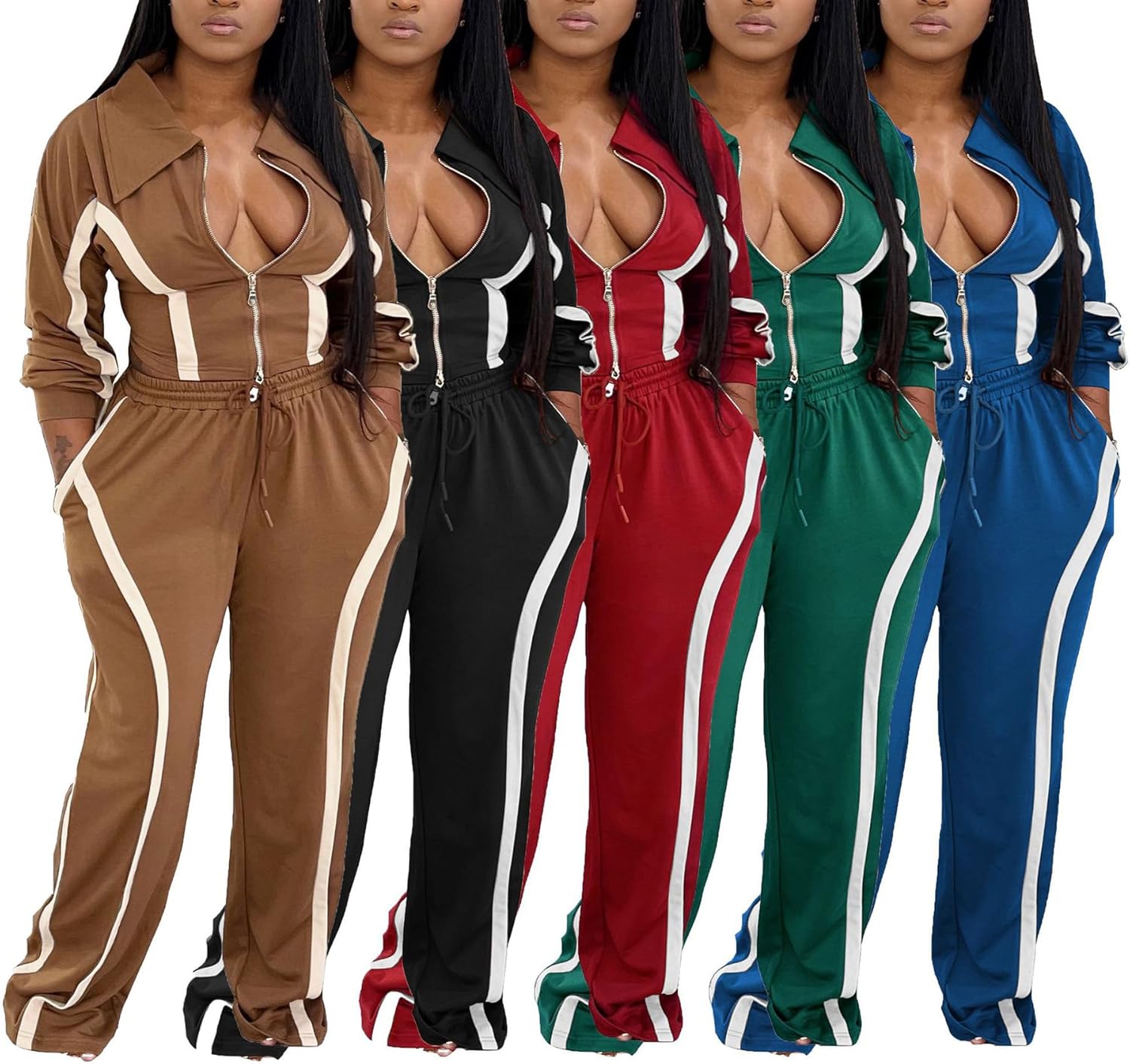 YOOTIKO Womens Sweatsuits 2 Piece Set Zipper Jacket Drawstring Straight Leg Pants Set Striped Lounge Set - Image 4